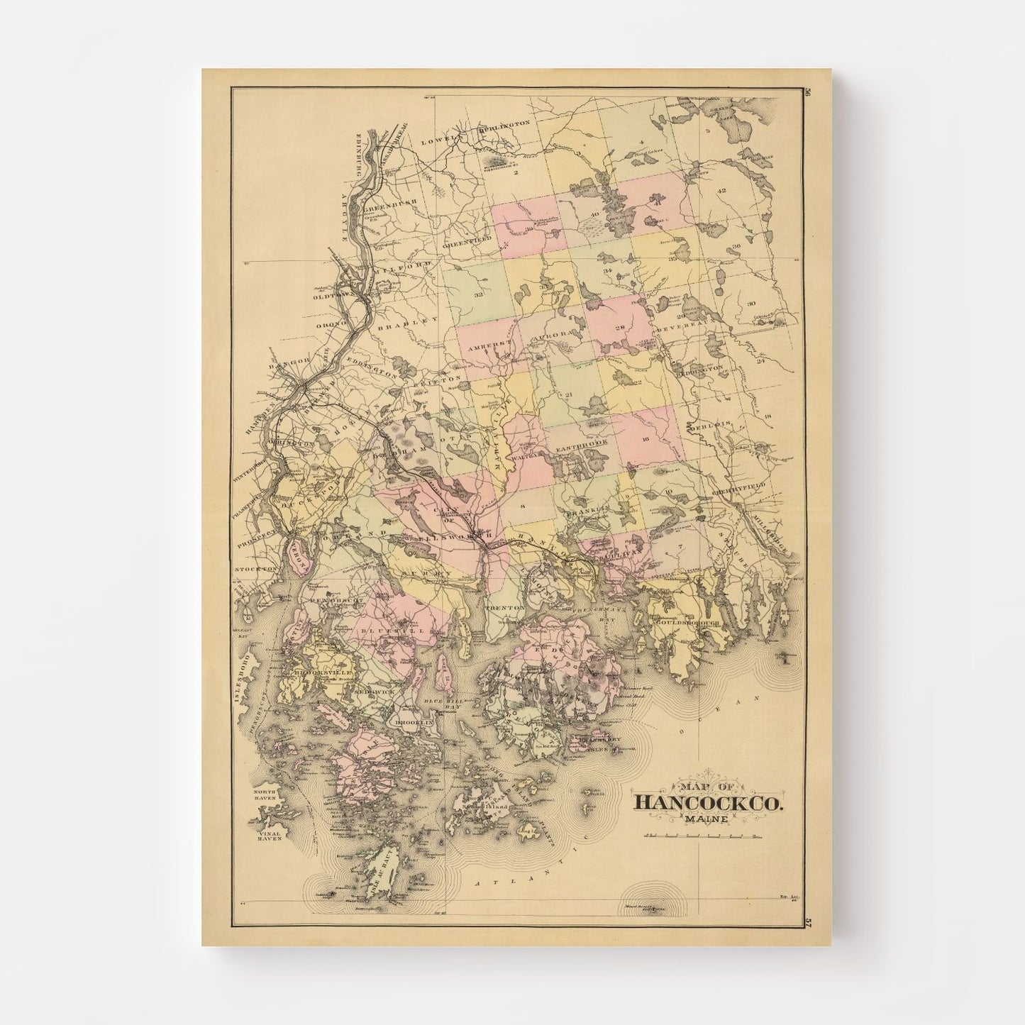 Vintage Map of Hancock County, Maine, 1885