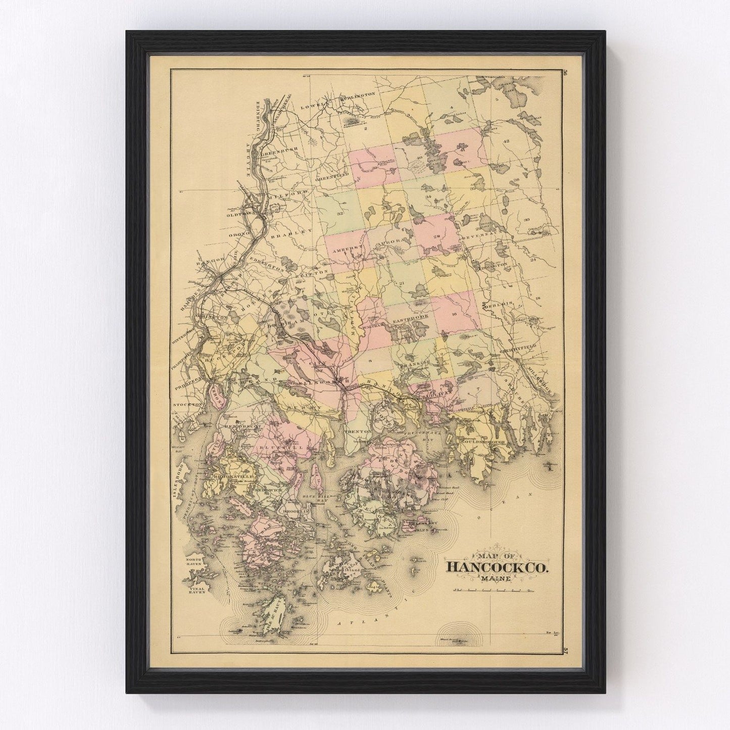 Vintage map of Hancock County, Maine, 1885
