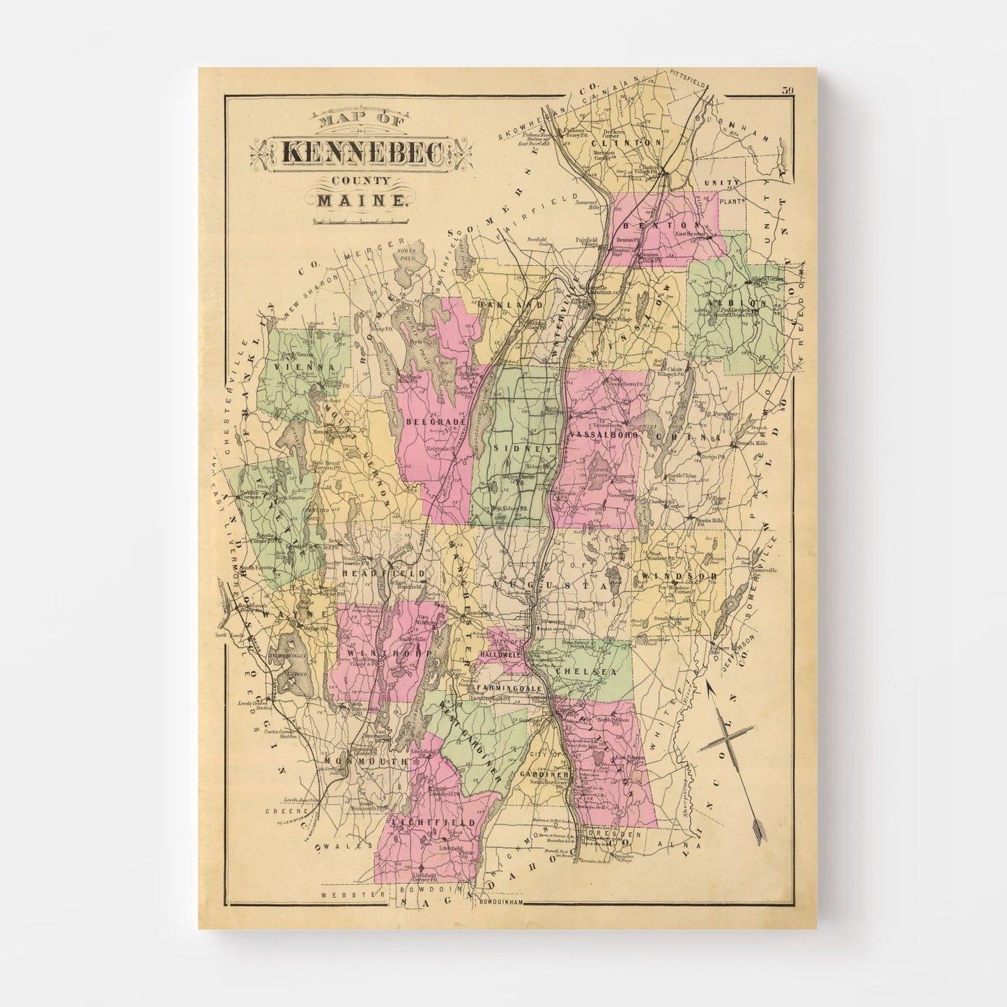 Vintage Map of Kennebec County, Maine, 1885