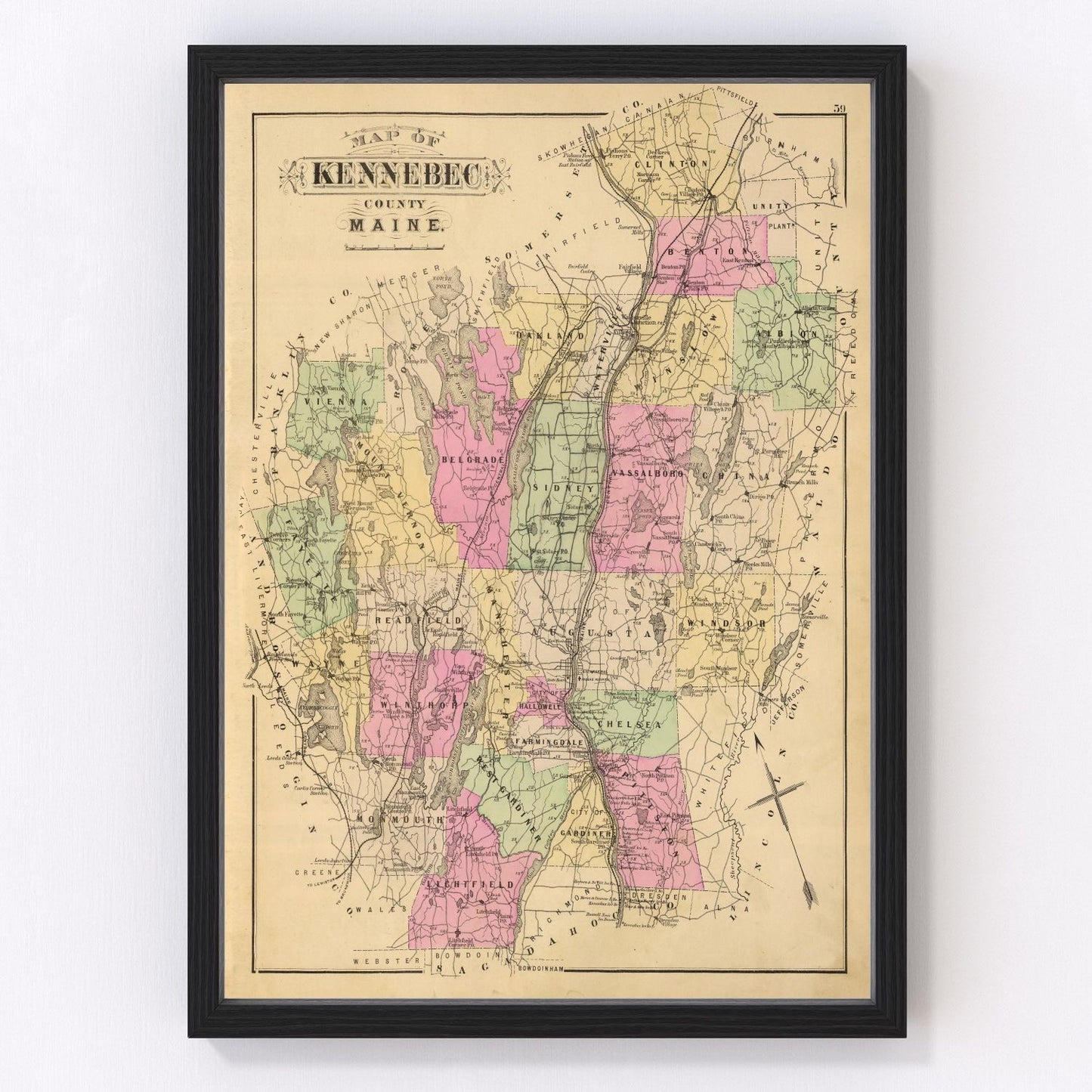 Vintage map of Kennebec County, Maine, 1885