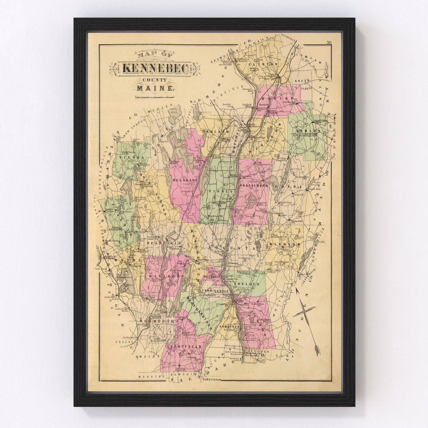 Vintage map of Kennebec County, Maine, 1885
