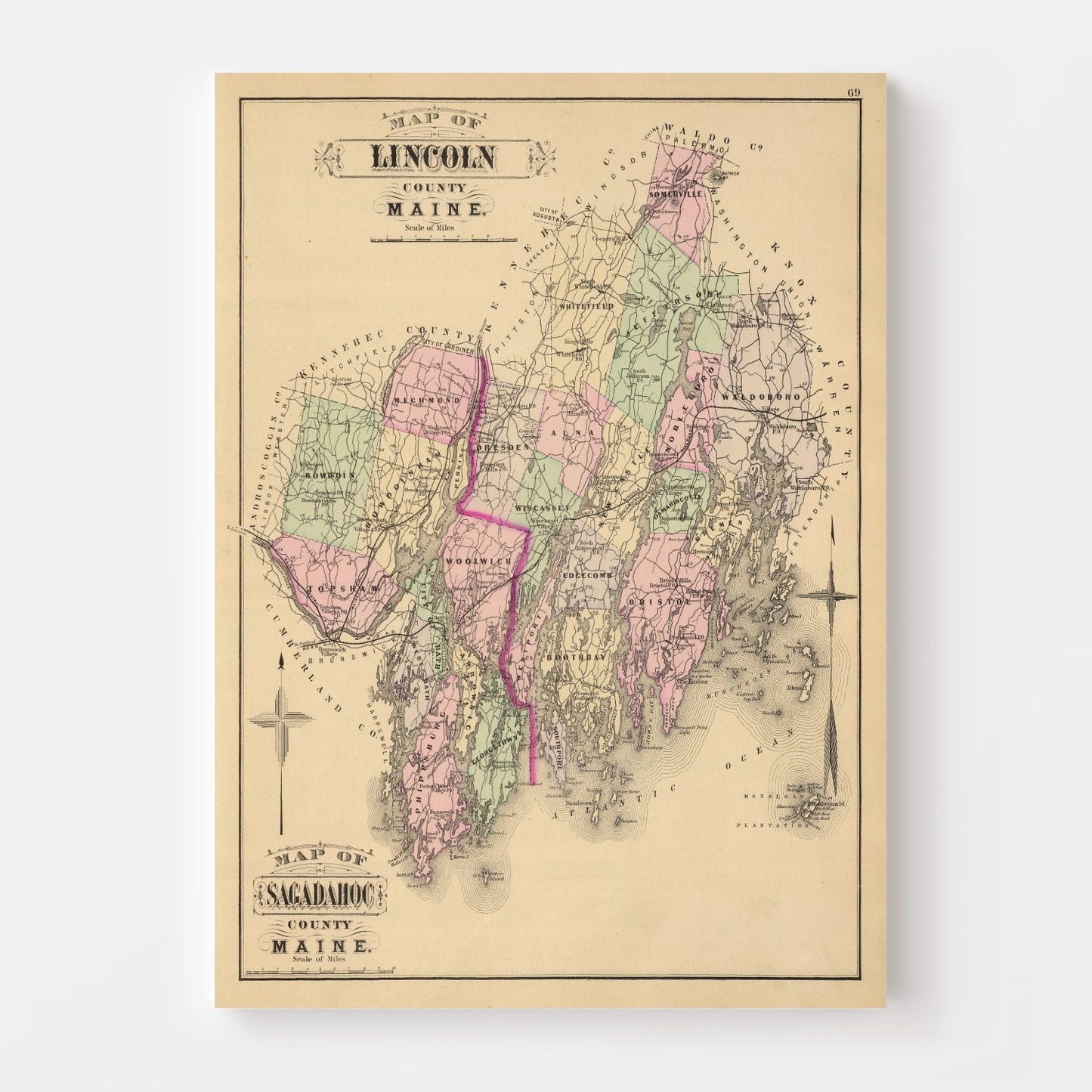 Vintage Map of Lincoln County, Maine, 1885