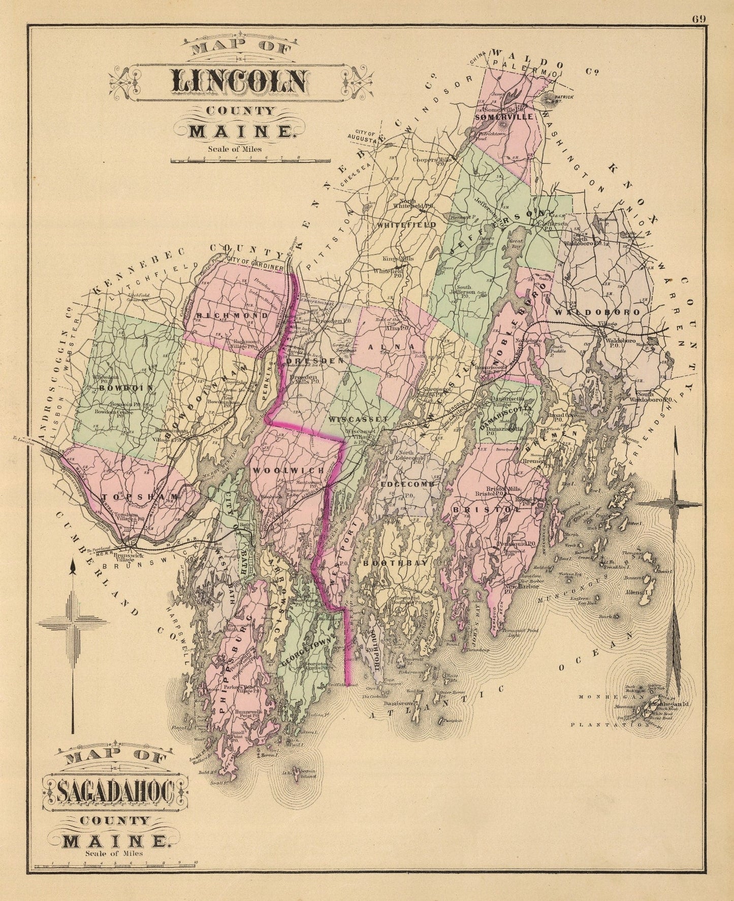 Vintage Map of Lincoln County, Maine, 1885