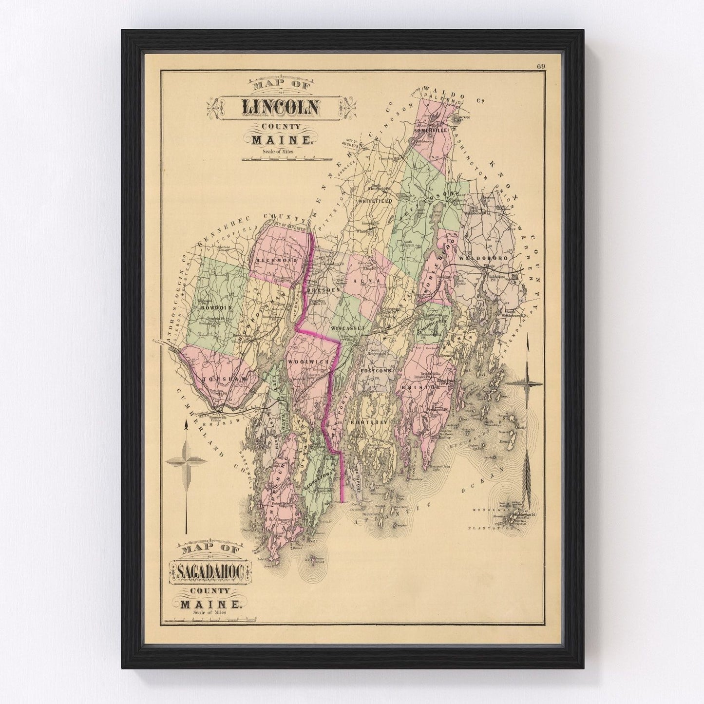 Vintage map of Lincoln County, Maine, 1885