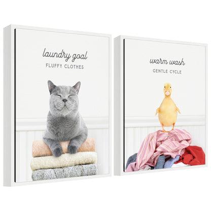Playful cat and duck laundry-themed framed canvas wall art set, two panels, easy to hang