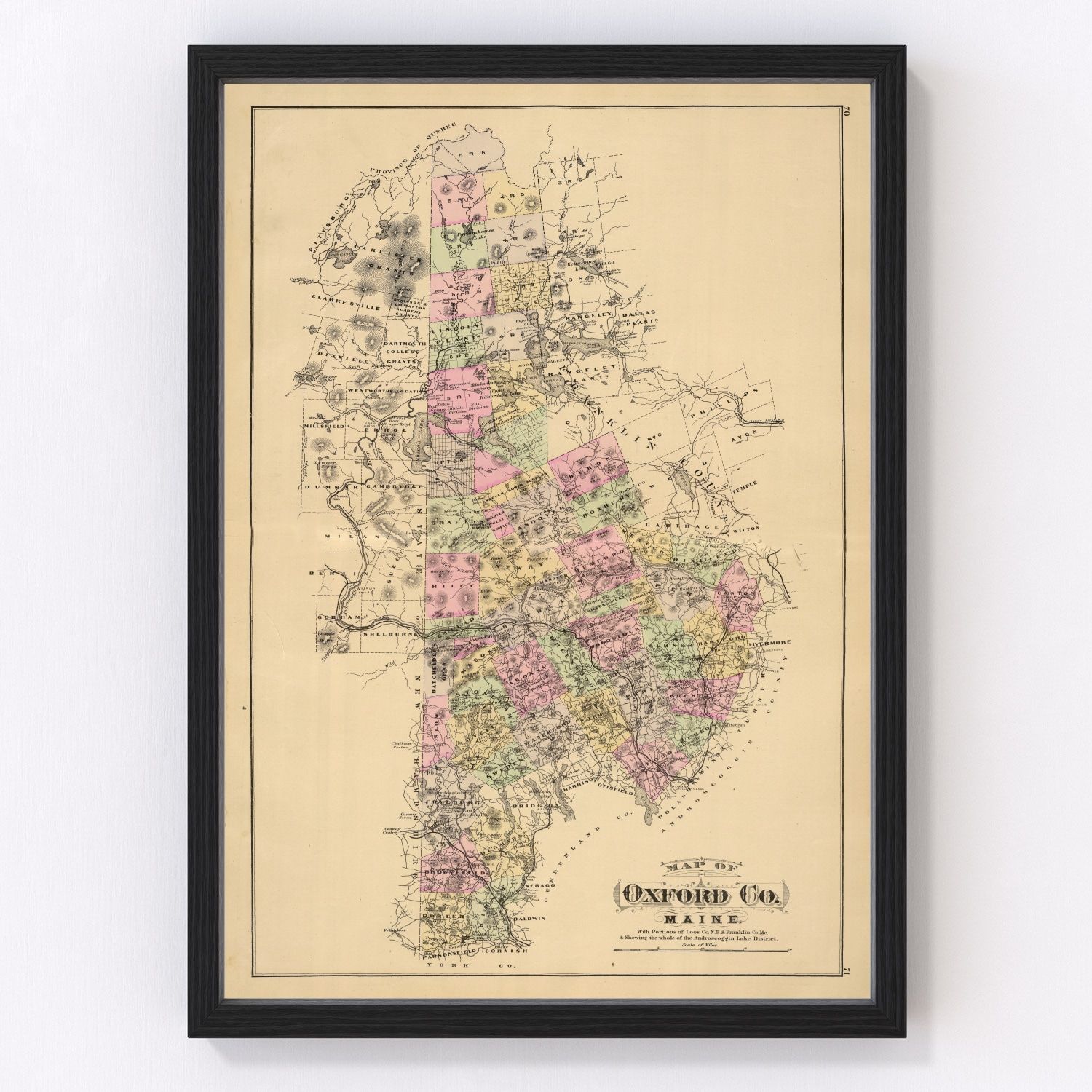 Vintage map of Oxford County, Maine, 1885