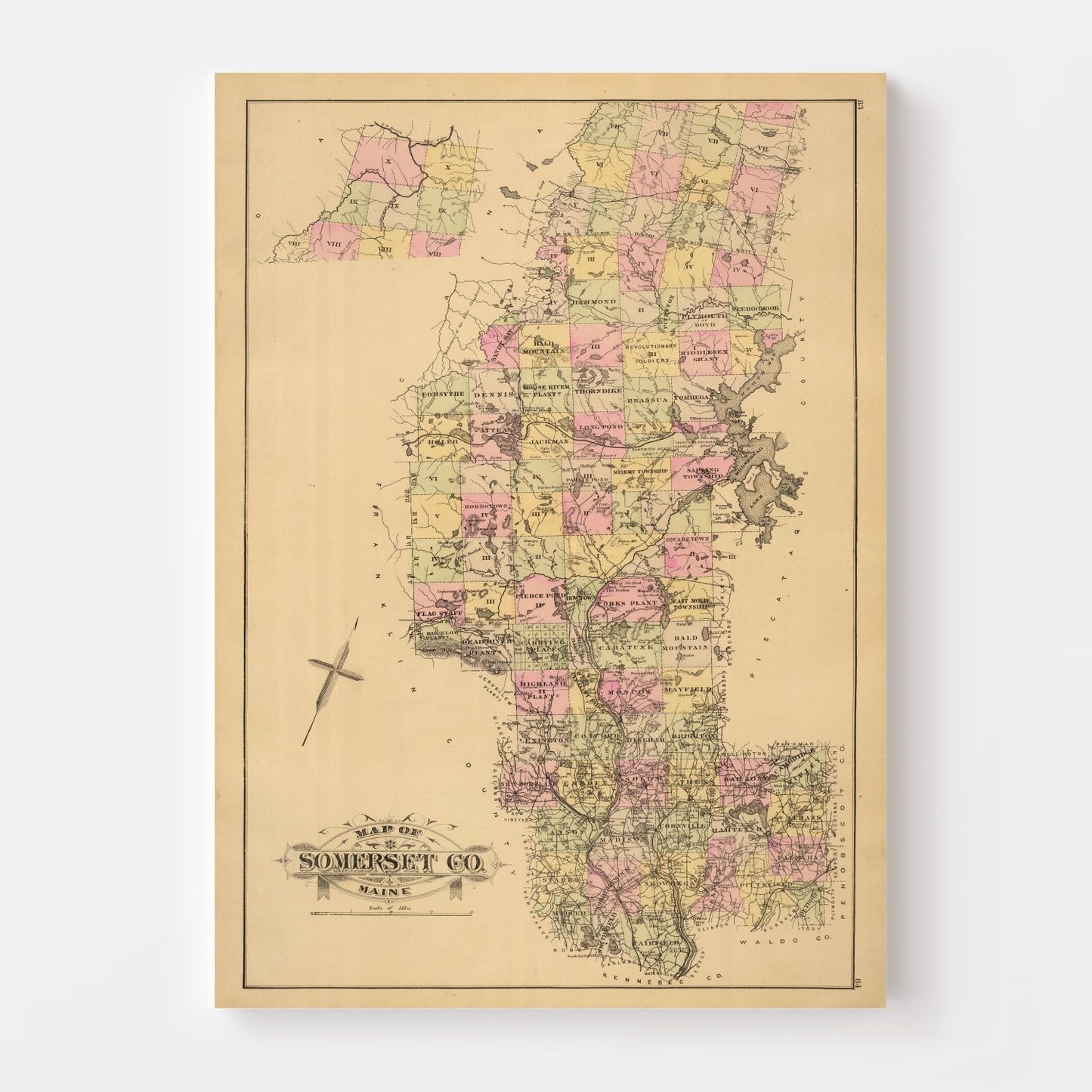 Vintage Map of Somerset County, Maine, 1885