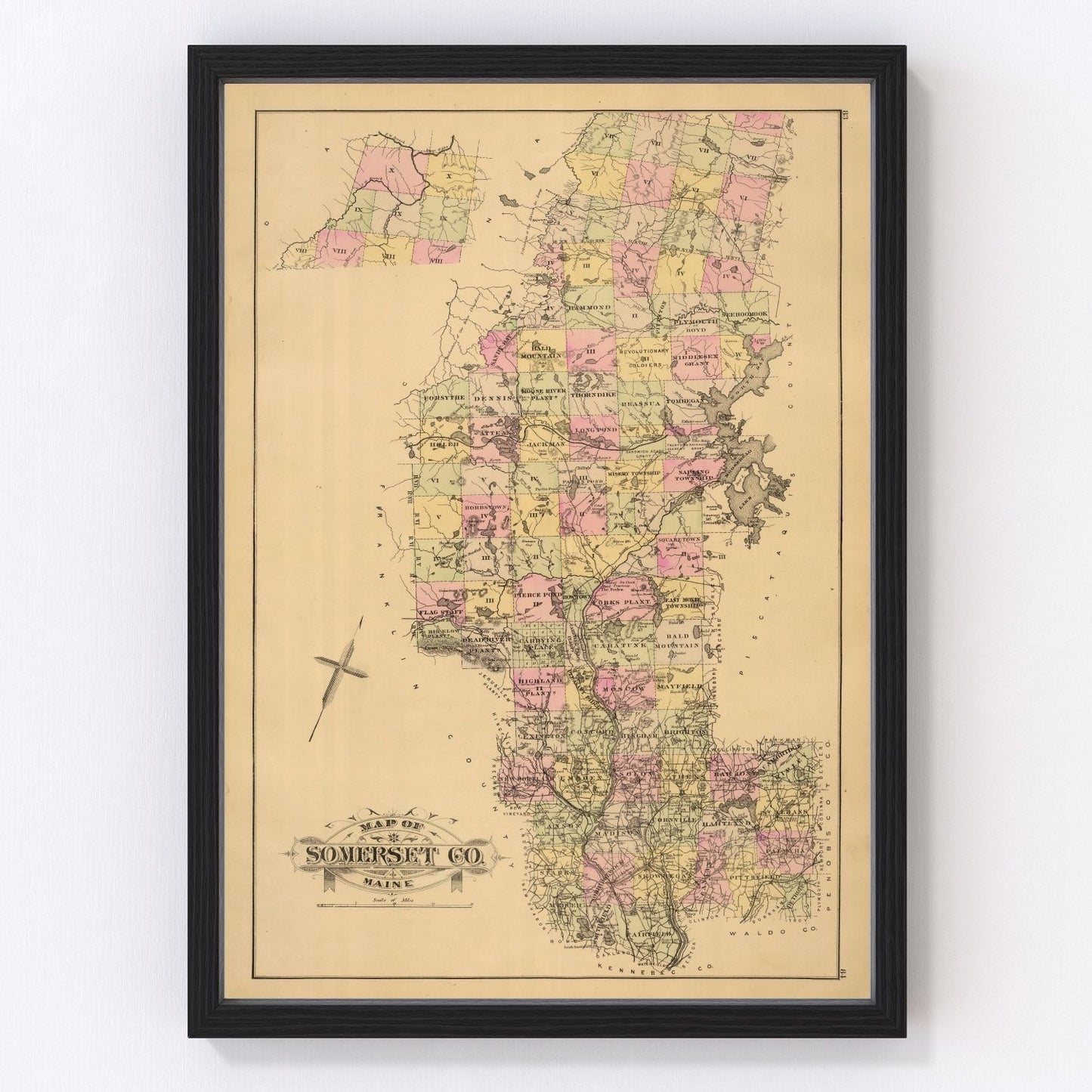 Vintage map of Somerset County, Maine, 1885