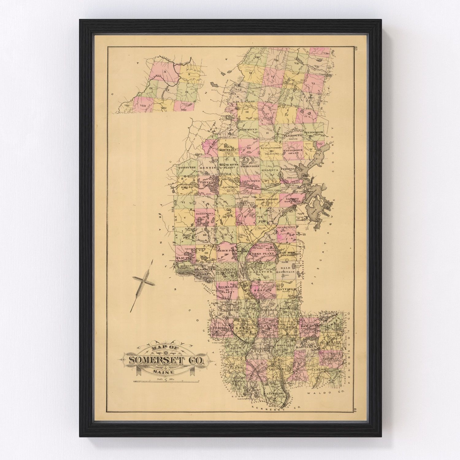 Vintage map of Somerset County, Maine, 1885