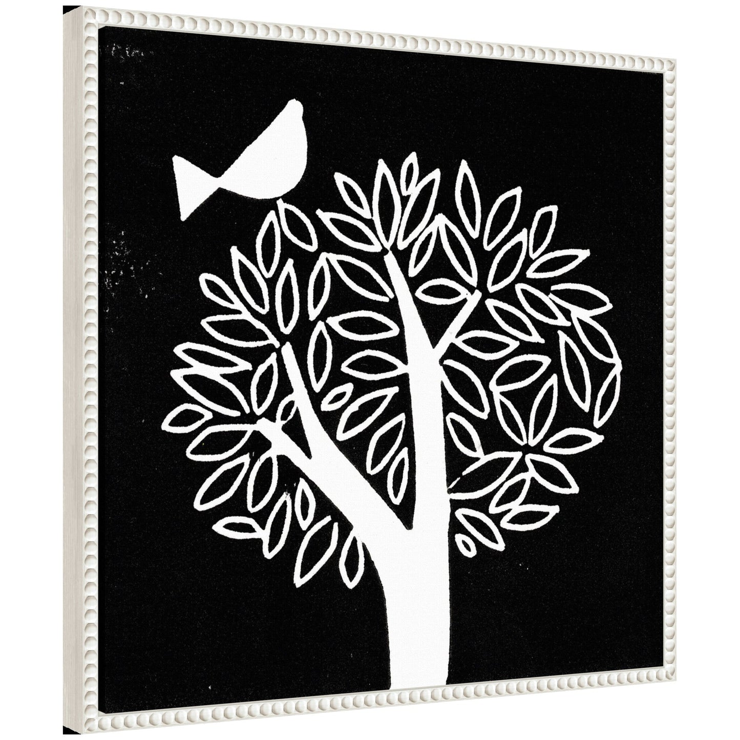 Black and white bird tree linocut framed canvas wall art