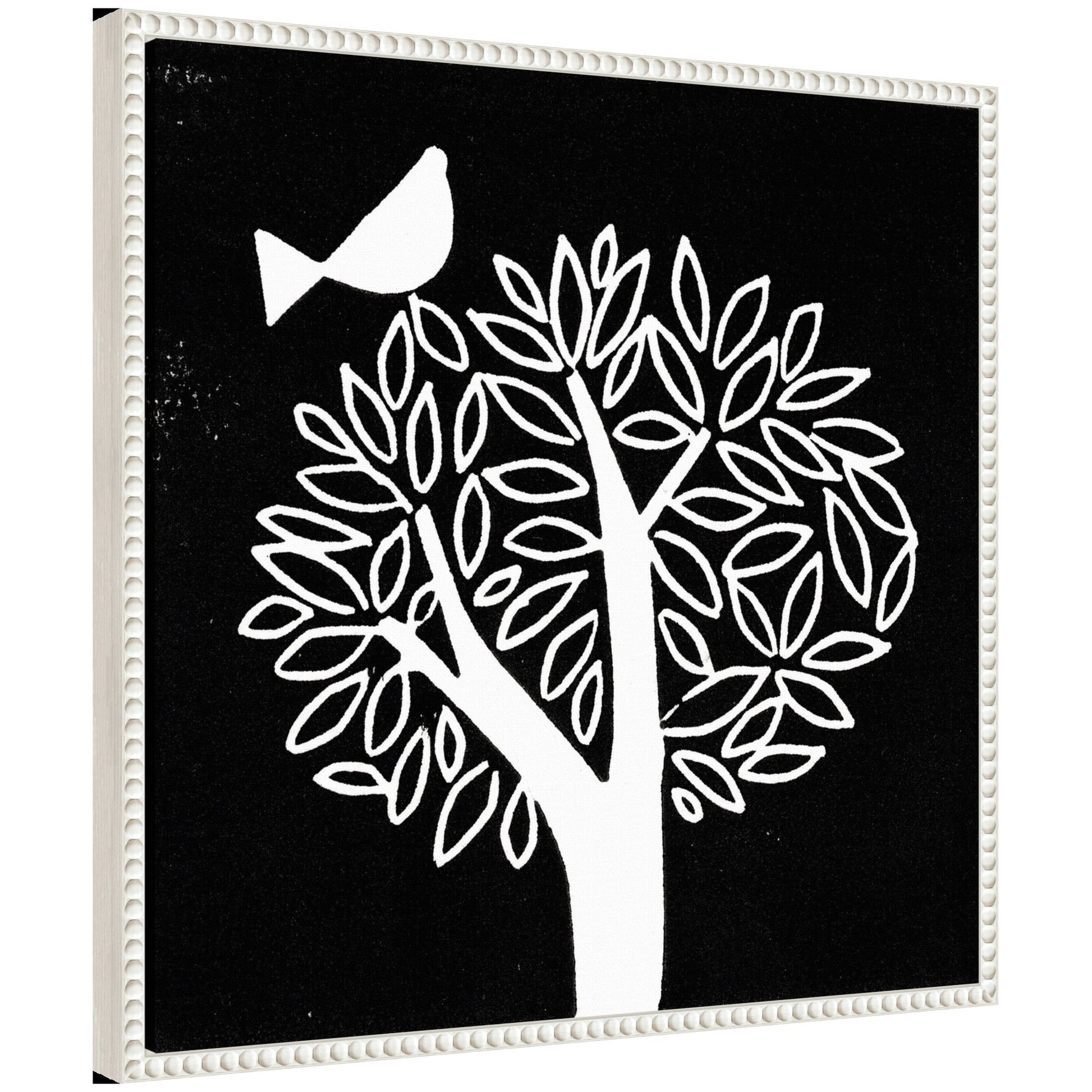 Black and white bird tree linocut framed canvas wall art