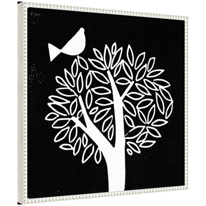 Black and white bird tree linocut framed canvas wall art