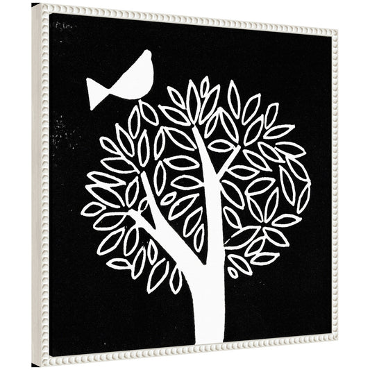 Black and white bird tree linocut framed canvas wall art