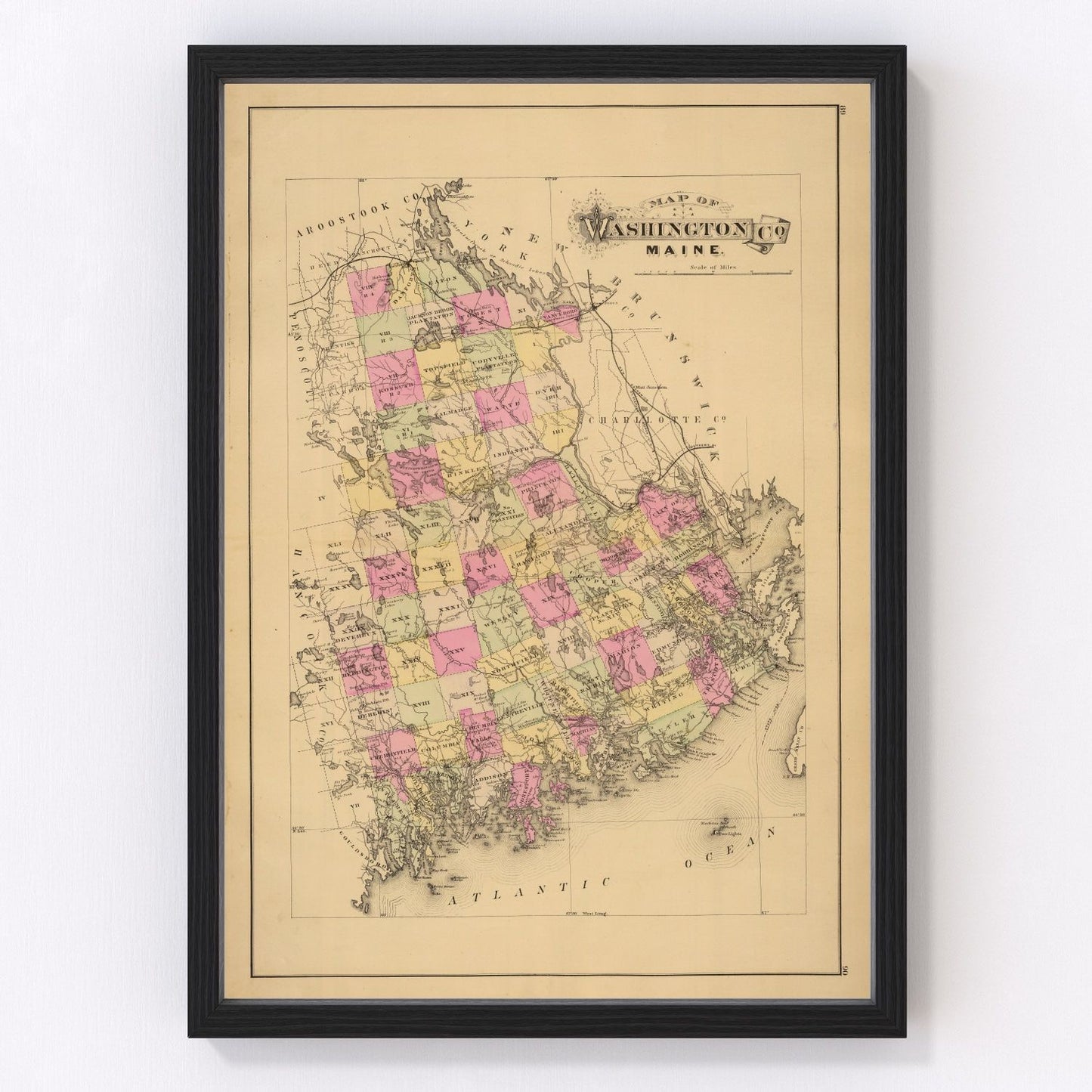 Vintage map of Washington County, Maine, 1885, showing Downeast bays and Atlantic coast fishing communities