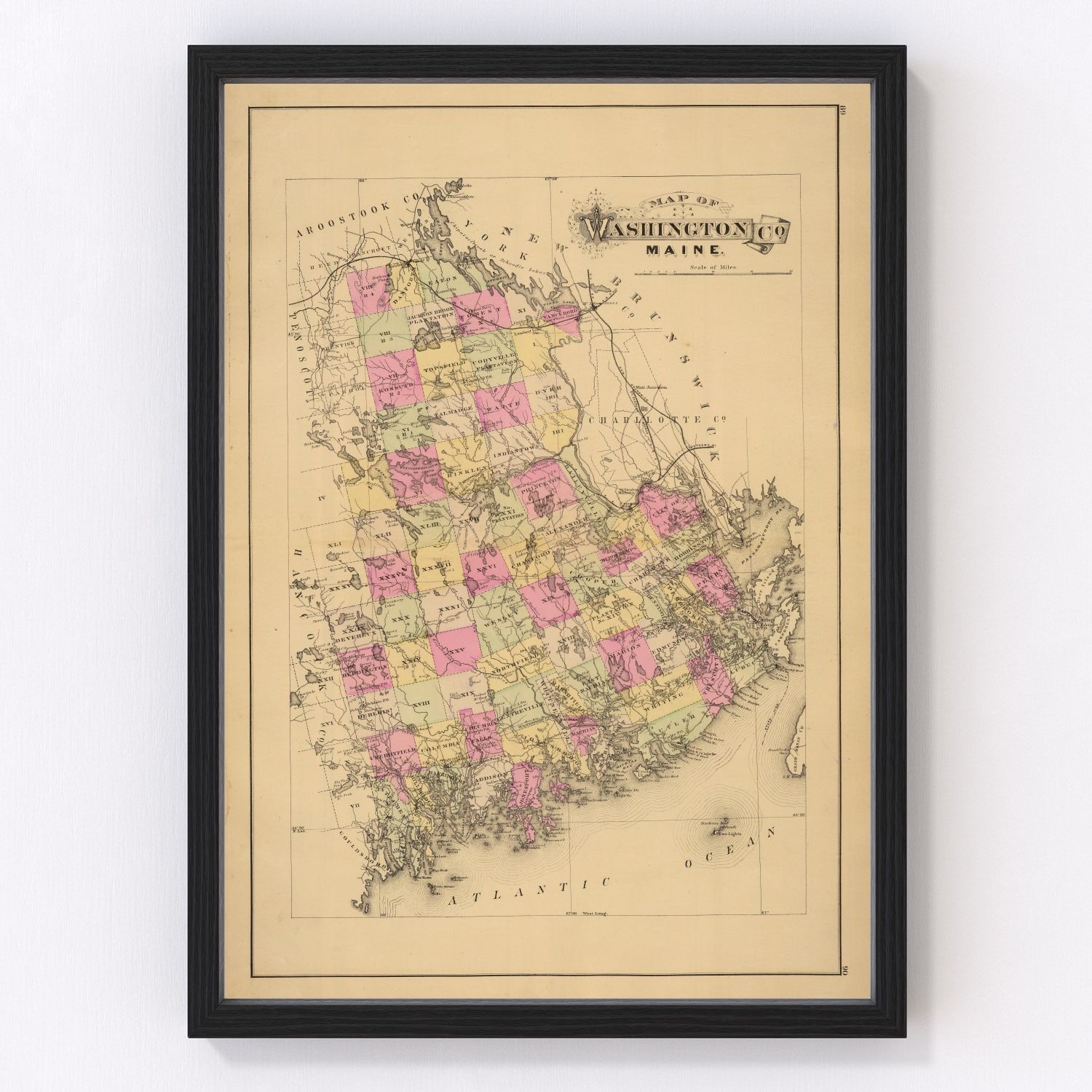 Vintage map of Washington County, Maine, 1885, showing Downeast bays and Atlantic coast fishing communities