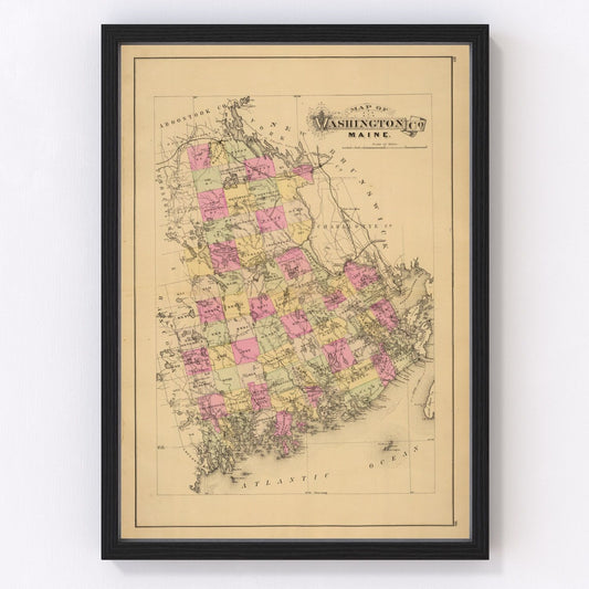 Vintage map of Washington County, Maine, 1885, showing Downeast bays and Atlantic coast fishing communities