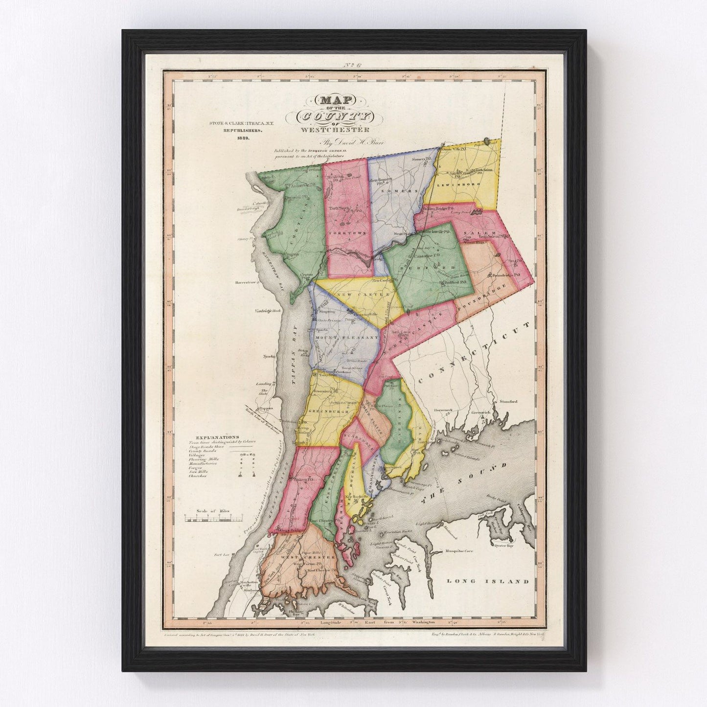 Vintage map of Westchester County, New York, 1839 - Hudson River restored print