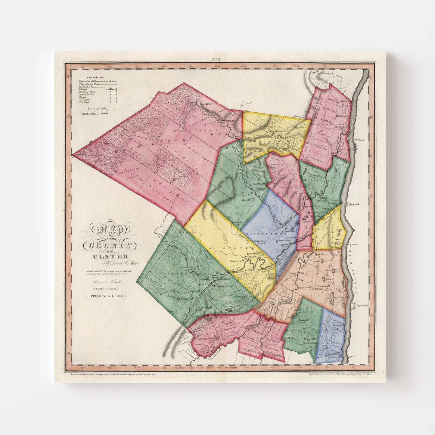 Vintage Map of Ulster County, New York, 1840