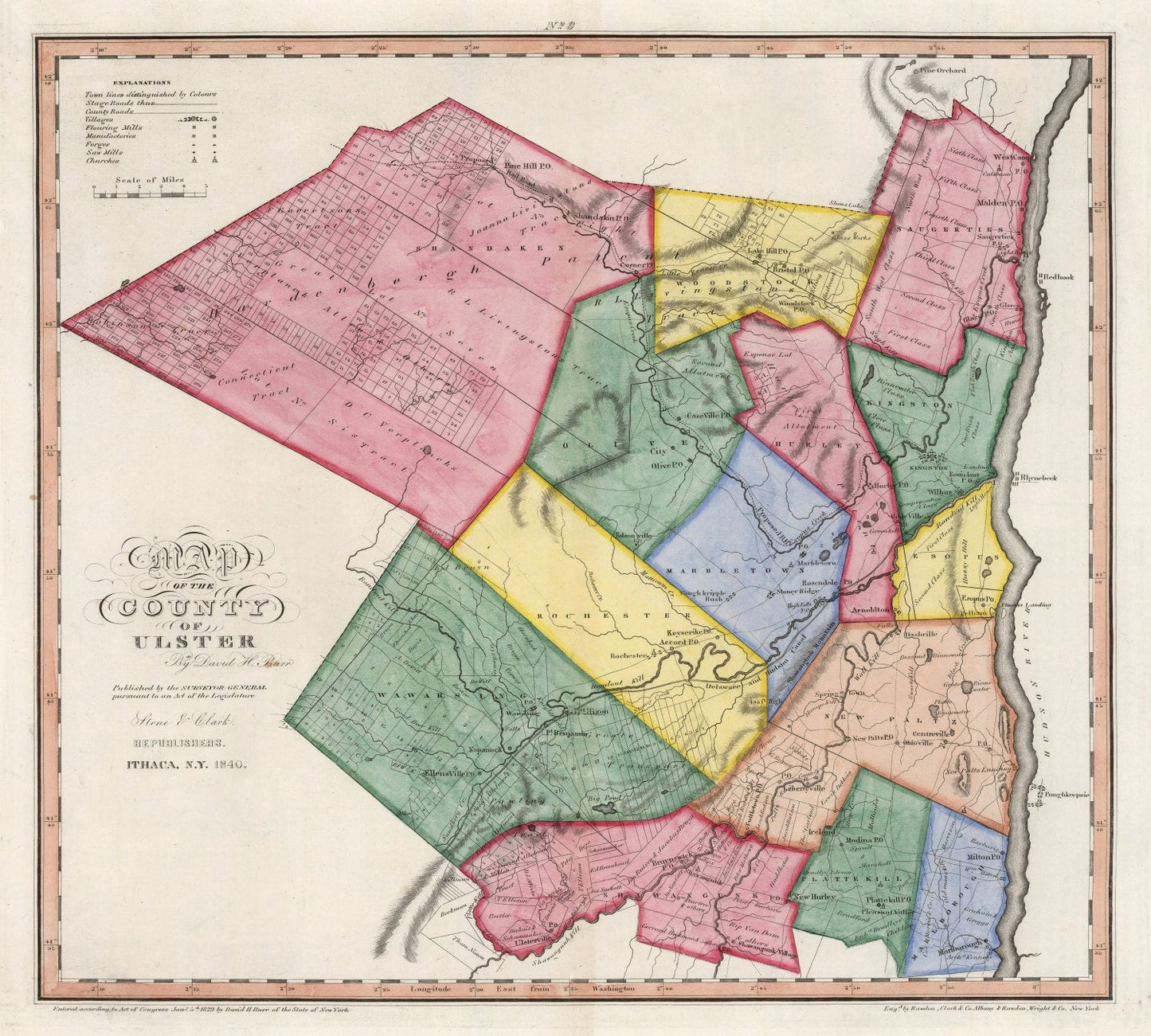 Vintage Map of Ulster County, New York, 1840