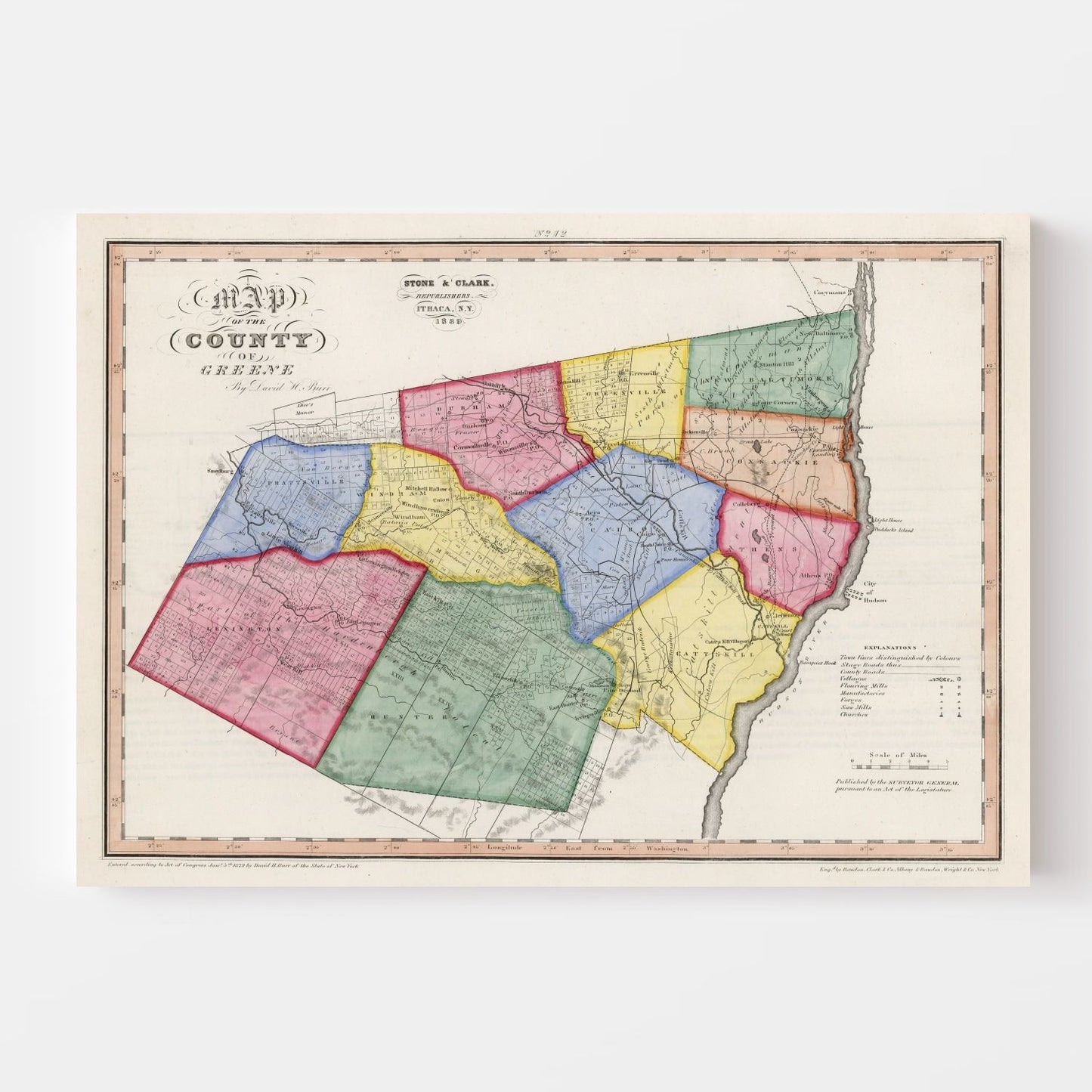 Vintage Map of Greene County, New York, 1839