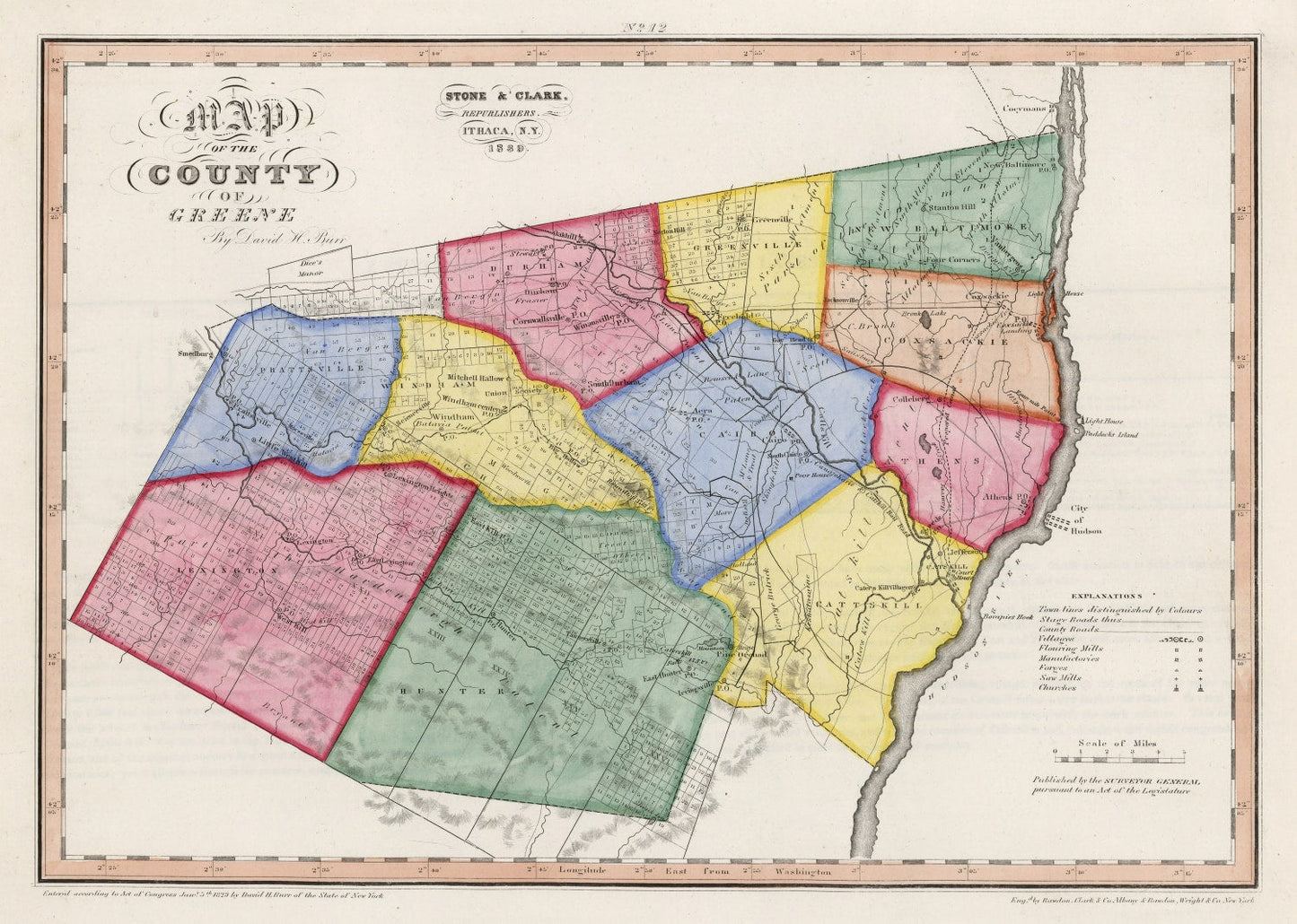 Vintage Map of Greene County, New York, 1839