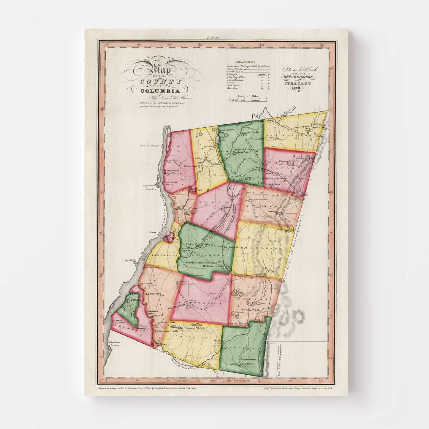Vintage Map of Columbia County, New York 1839
