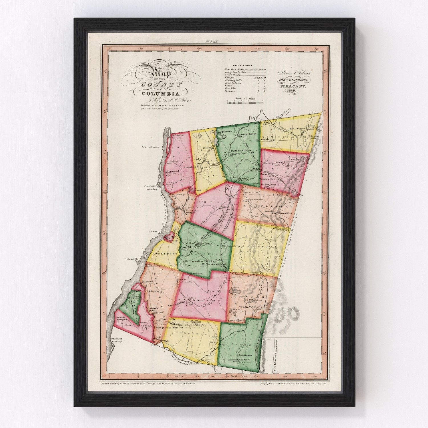 Vintage restored map of Columbia County, New York, 1839, early antebellum Hudson Valley