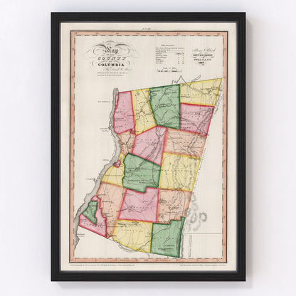 Vintage restored map of Columbia County, New York, 1839, early antebellum Hudson Valley