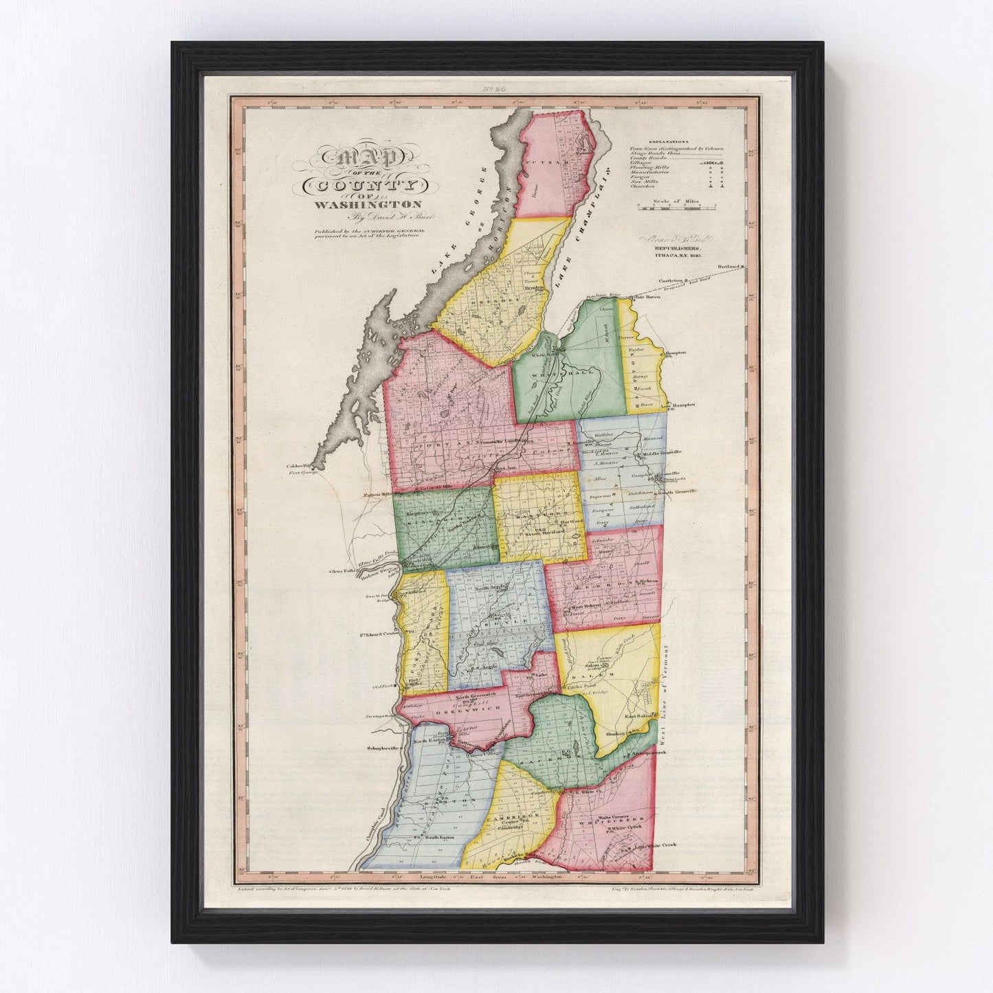 Vintage map of Washington County, New York, 1840, showing Hudson Valley townships and settlements