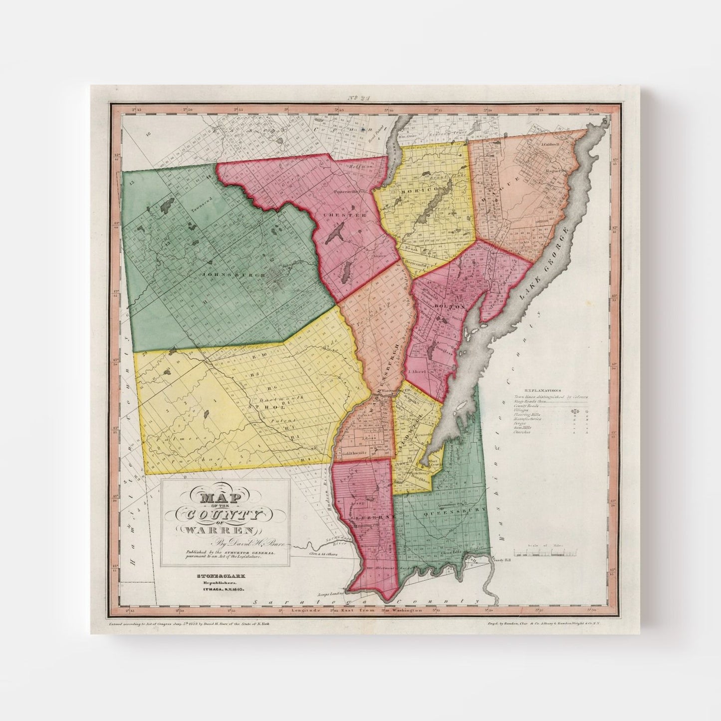 Vintage Map of Warren County, New York, 1840
