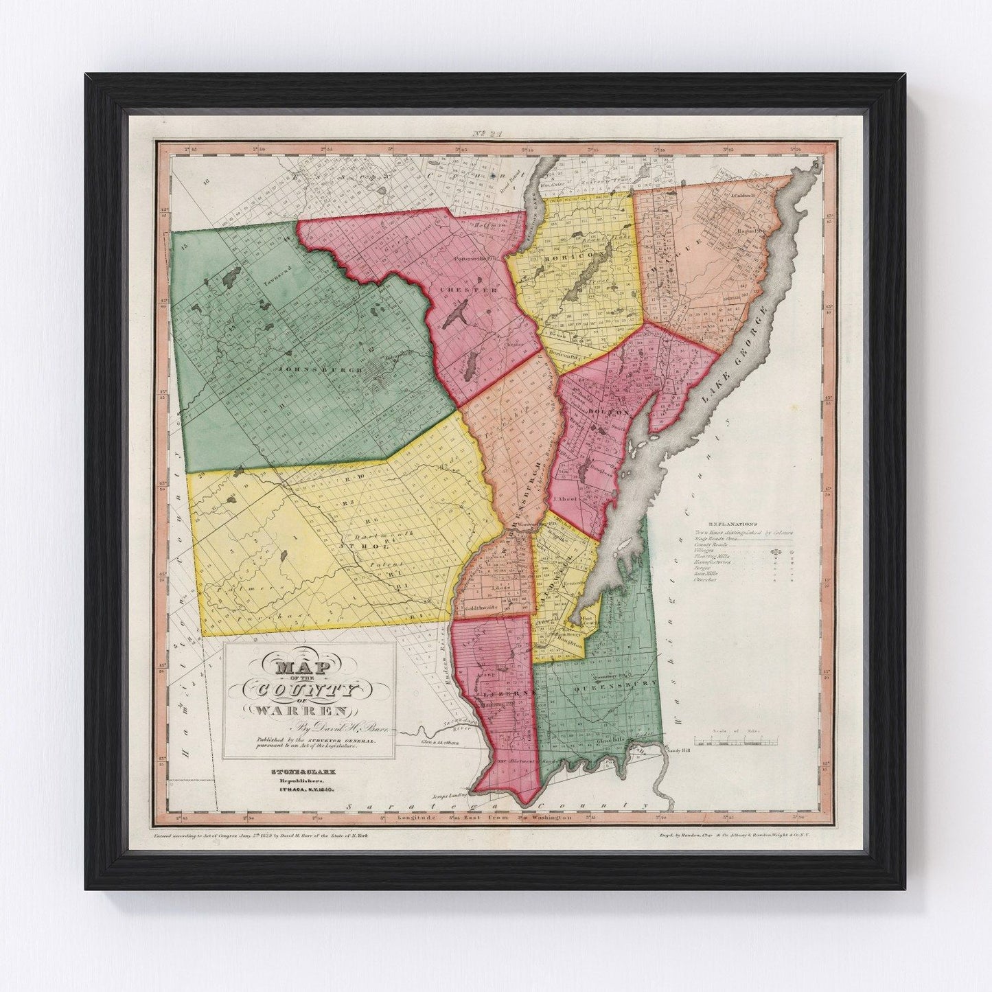 Vintage map of Warren County, New York, 1840, digitally restored