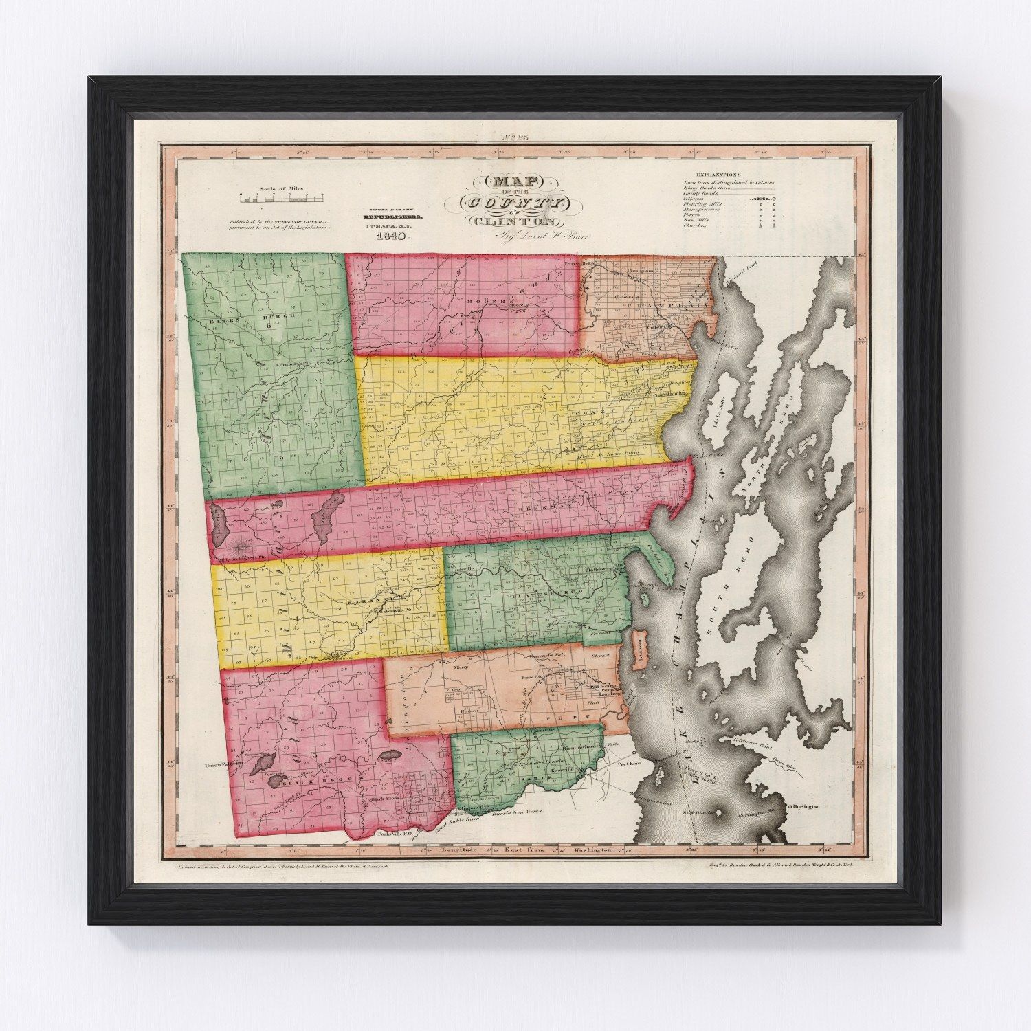 Vintage map of Clinton County, New York, 1840