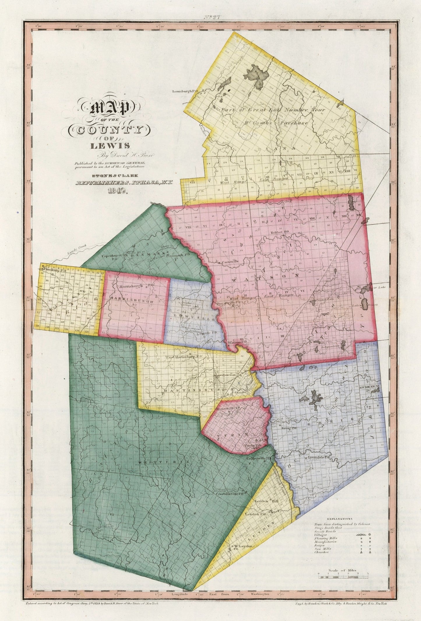 Vintage Map of Lewis County, New York, 1840