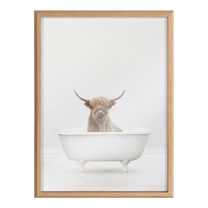 Highland Cow Solo Bathtub Framed Glass Wall Art