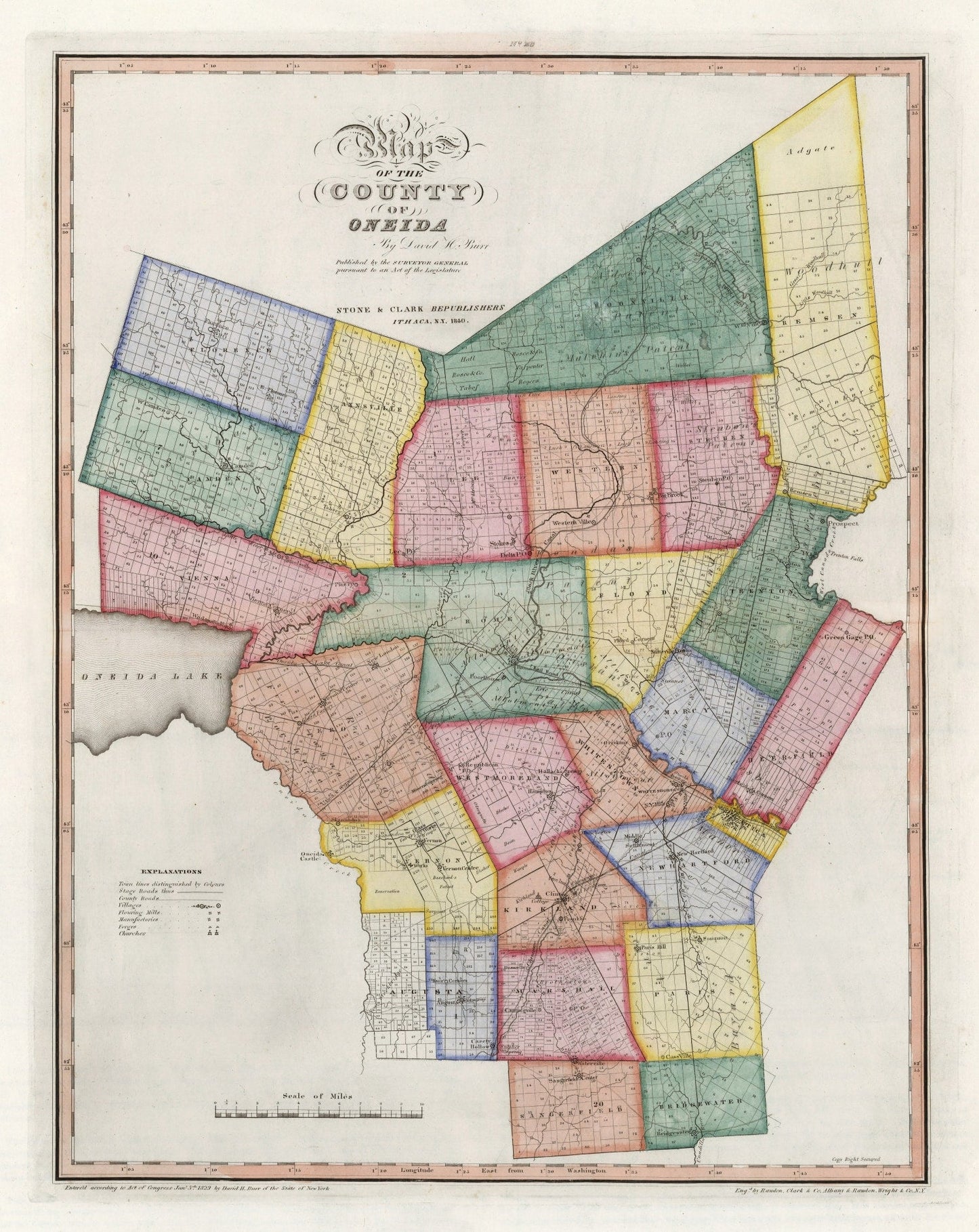 Vintage Map of Oneida County, New York, 1840