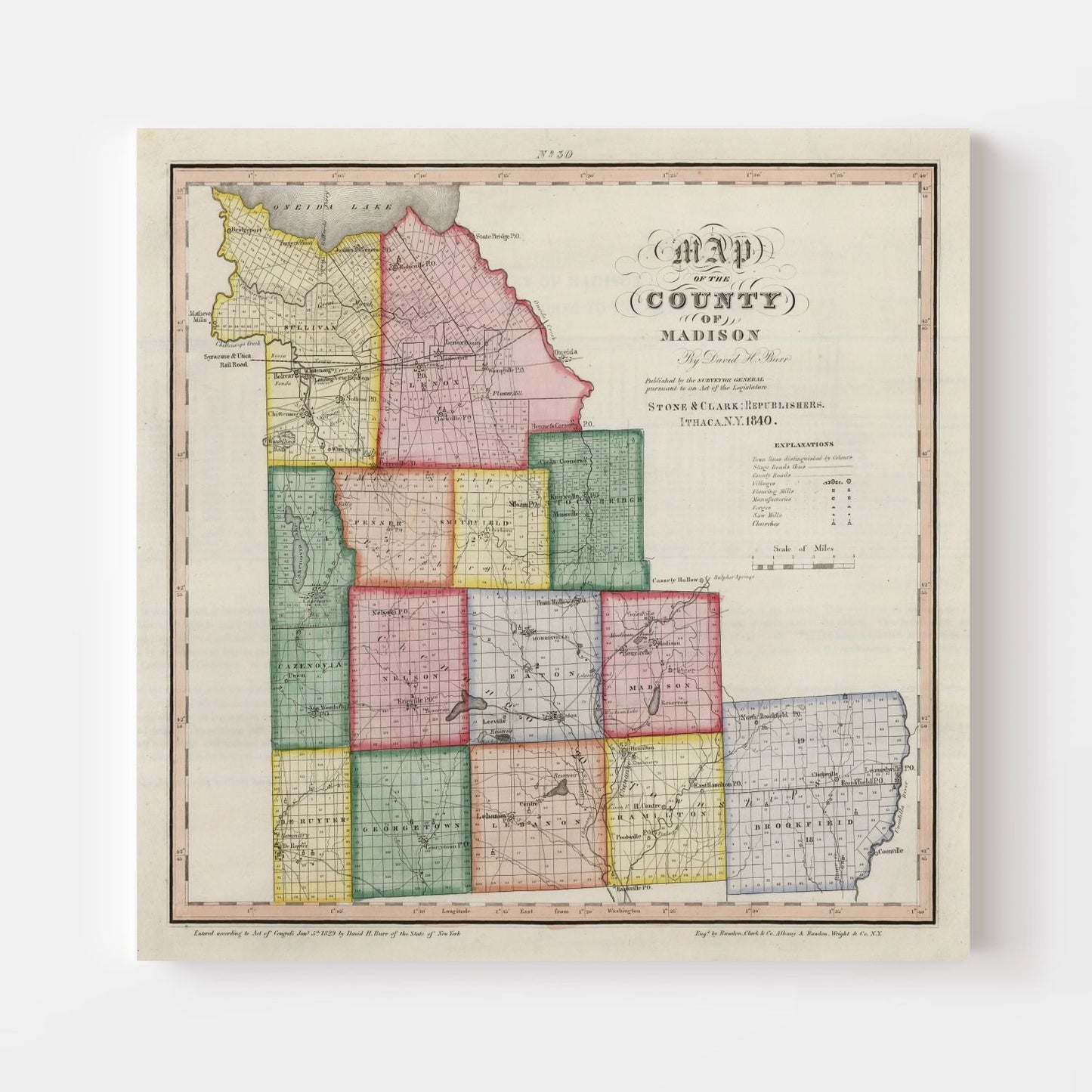 Vintage Map of Madison County, New York, 1840