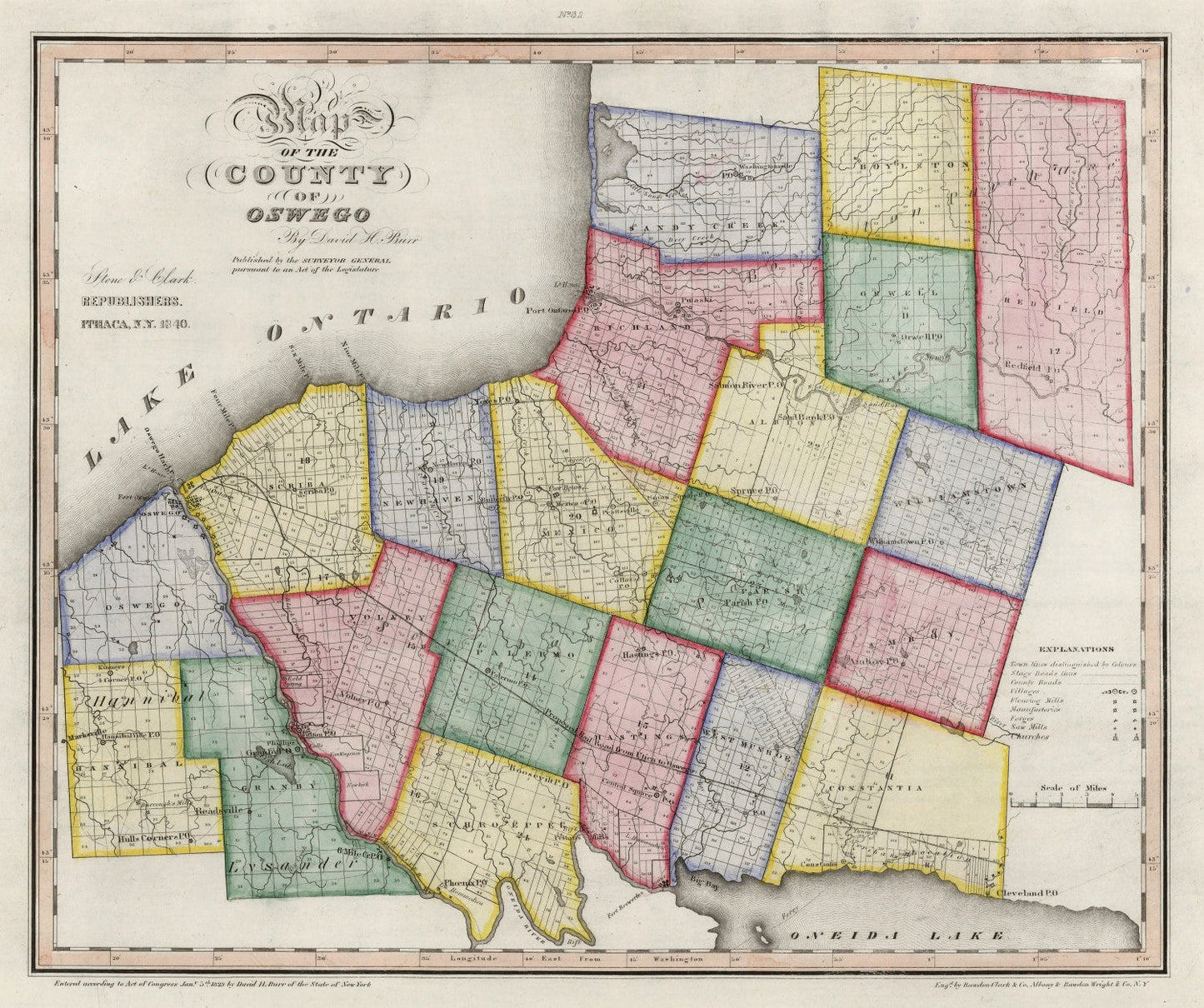 Vintage Map of Oswego County, New York, 1840