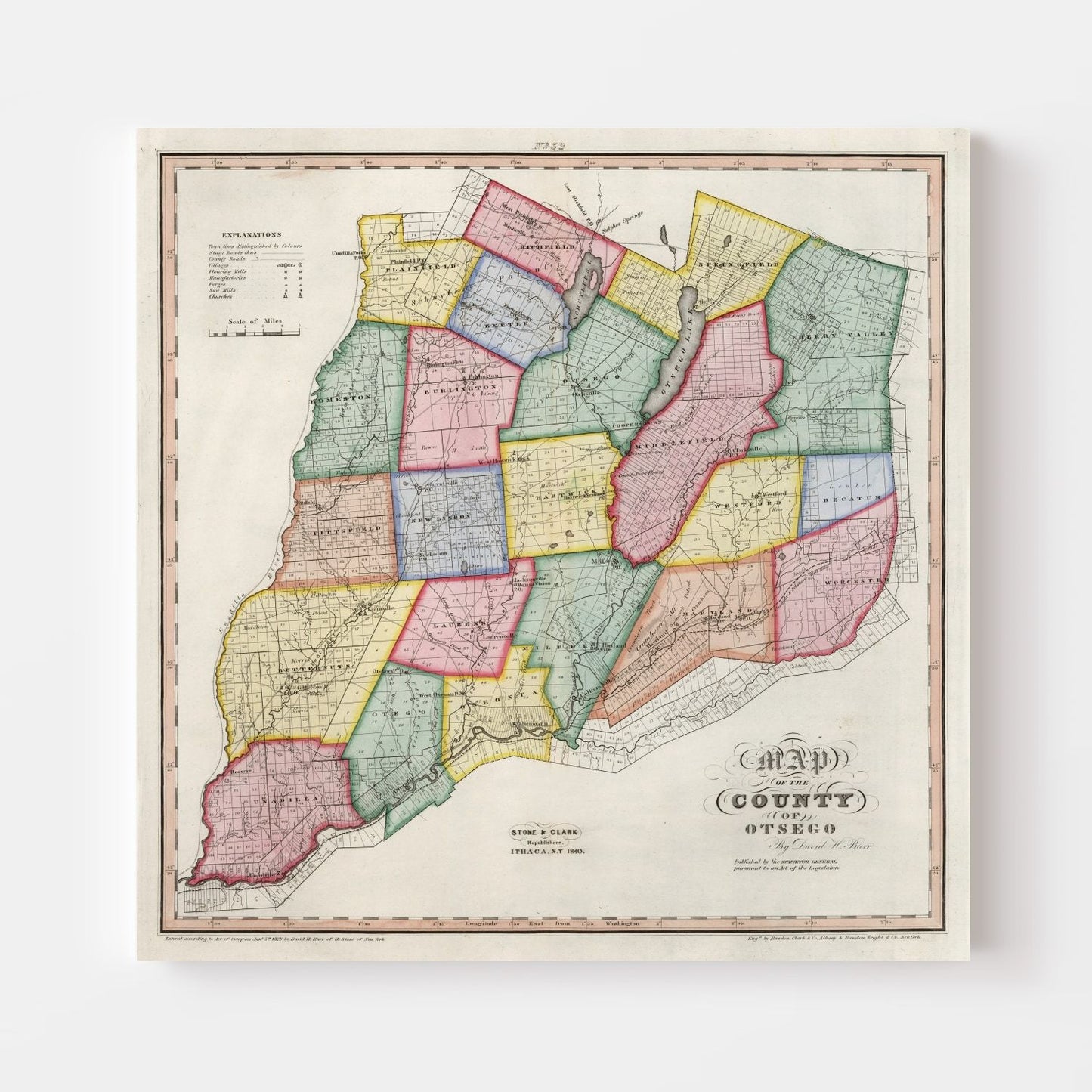 Vintage Map of Otsego County, New York, 1840