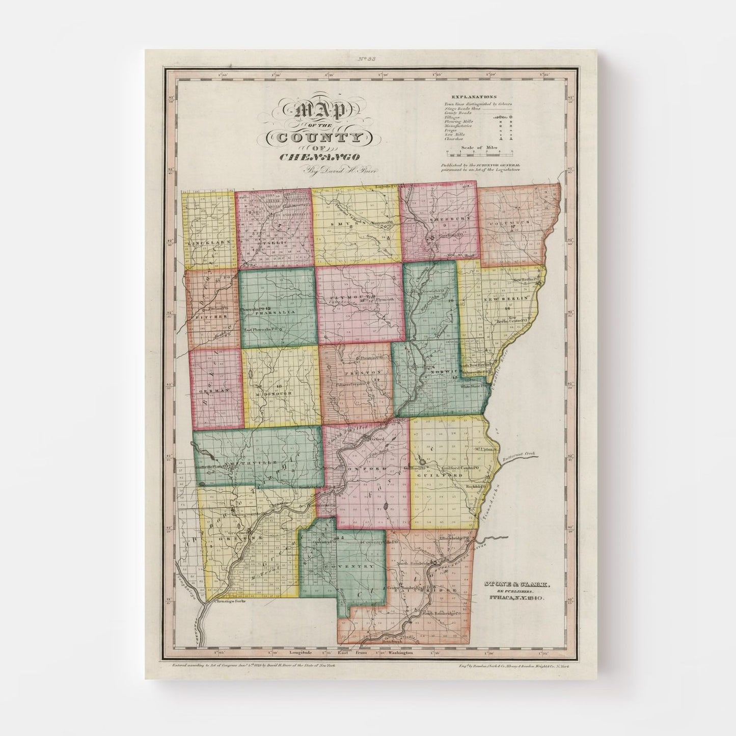 Vintage Map of Chenango County, New York, 1840