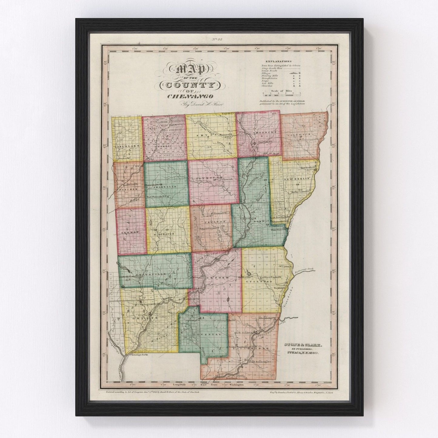 Vintage map of Chenango County, New York, 1840, digitally restored print