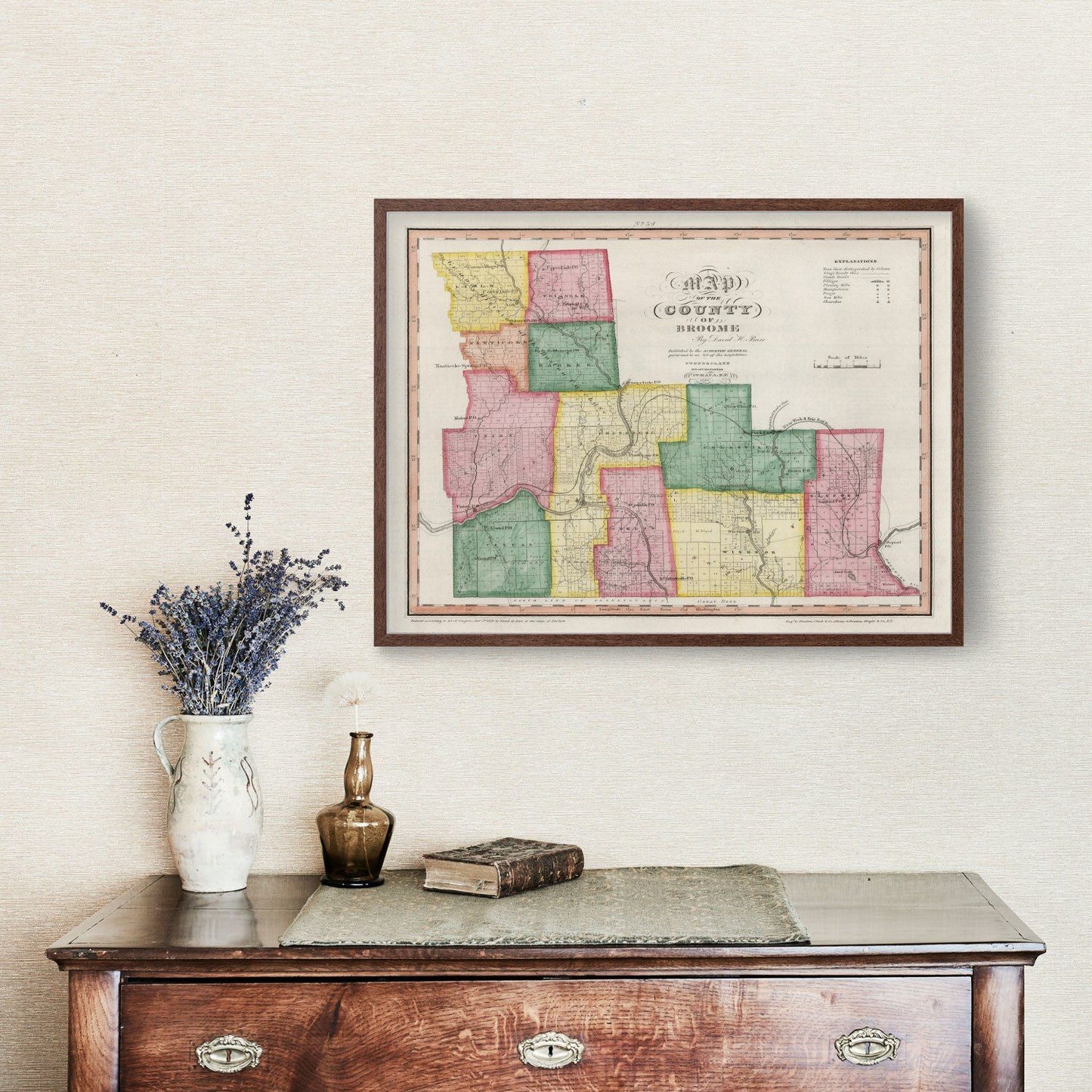Vintage Map of Broome County, New York 1840 Wall Art