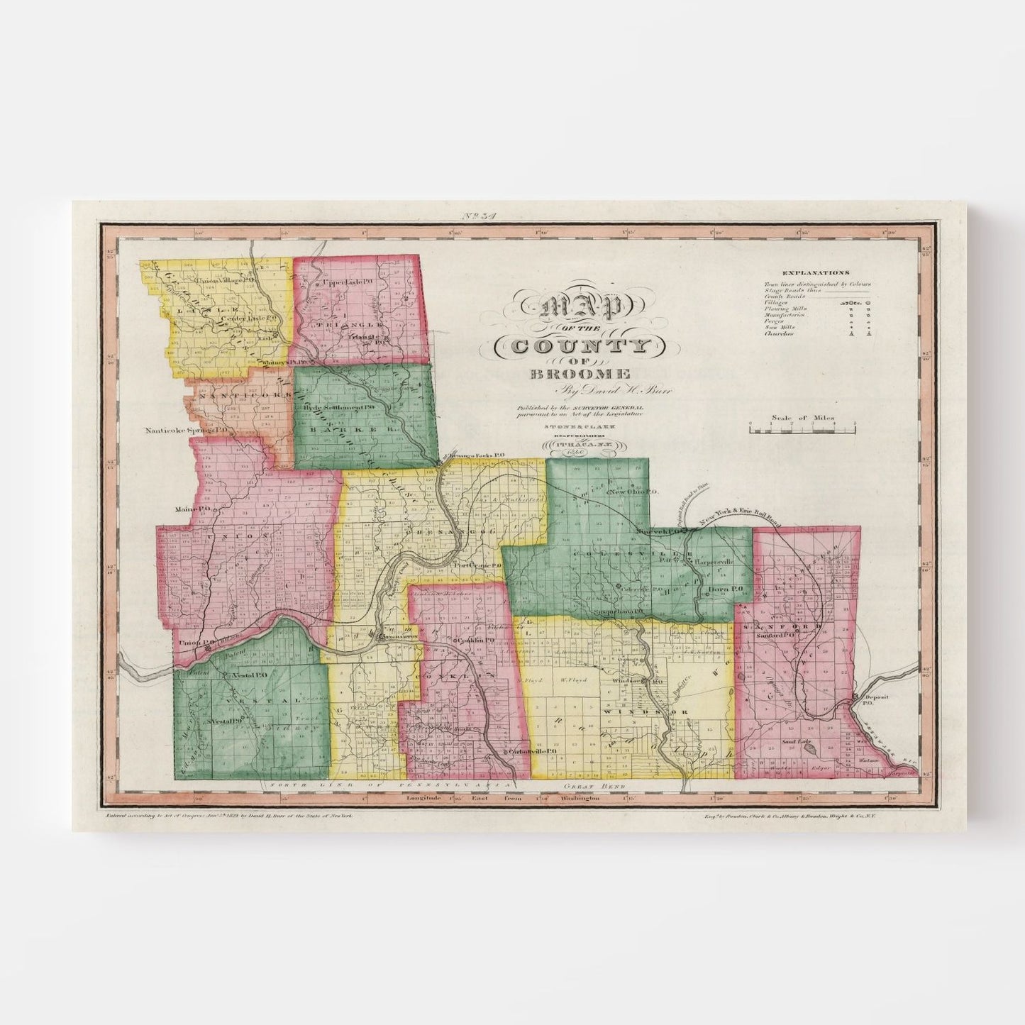 Vintage Map of Broome County, New York 1840 Wall Art