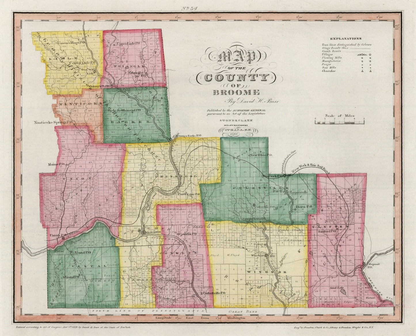 Vintage Map of Broome County, New York 1840 Wall Art