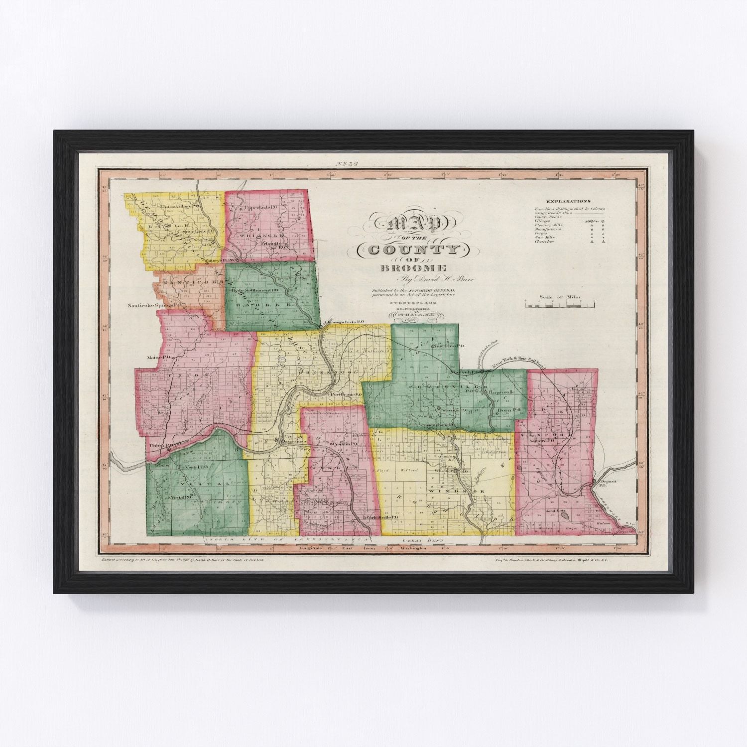 Vintage map of Broome County, New York, 1840 - digitally restored cartographic print