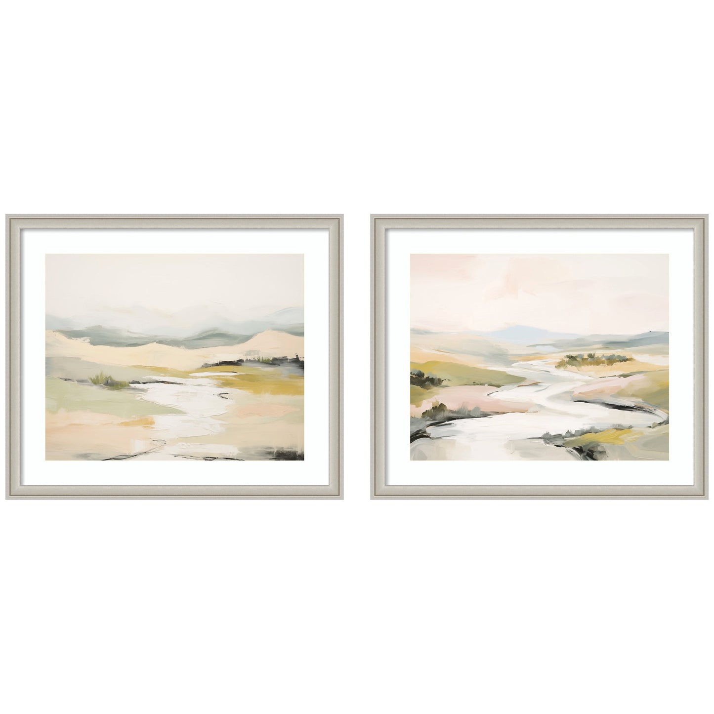 Set of two tranquil layered landscape prints in frames