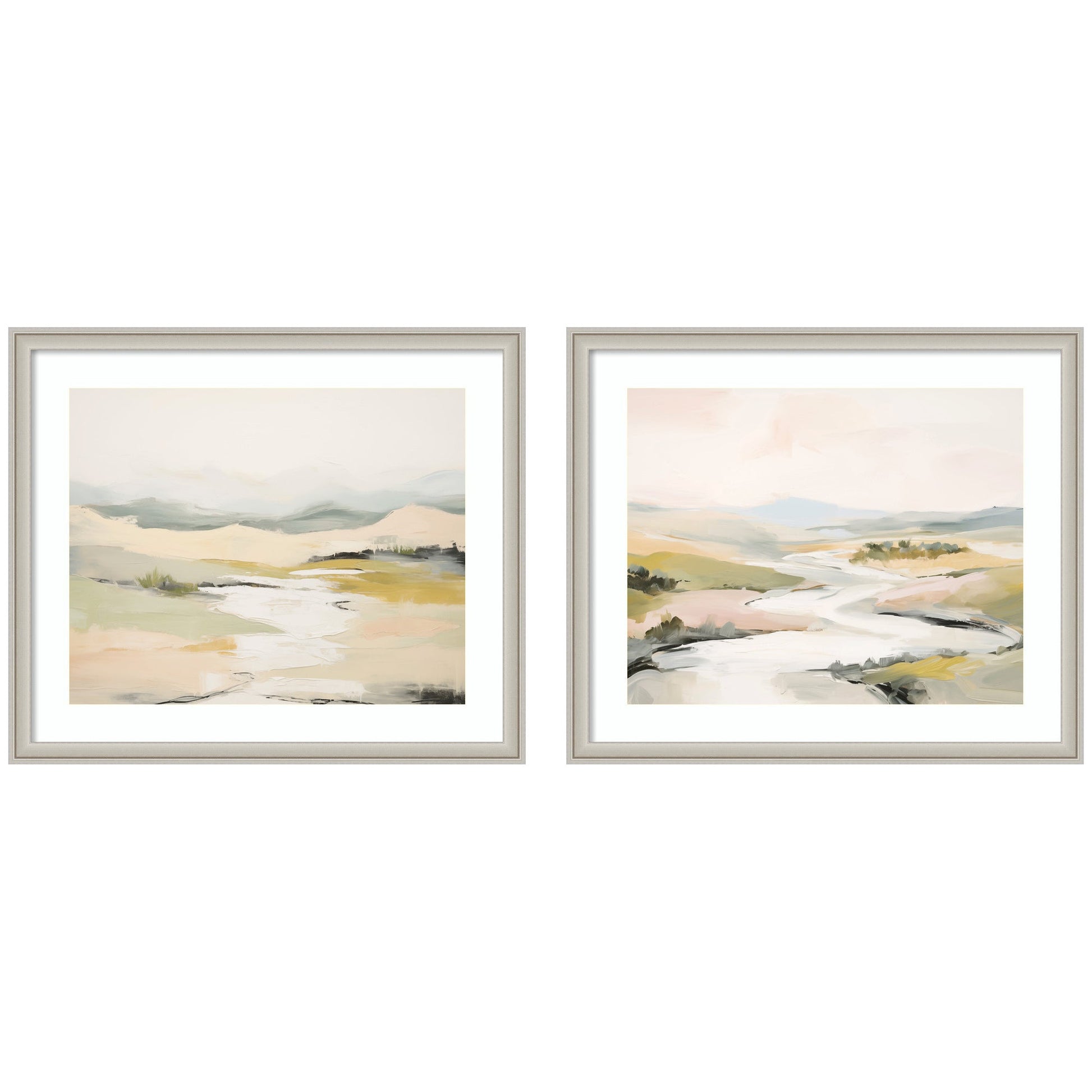 Set of two tranquil layered landscape prints in frames