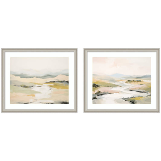 Set of two tranquil layered landscape prints in frames