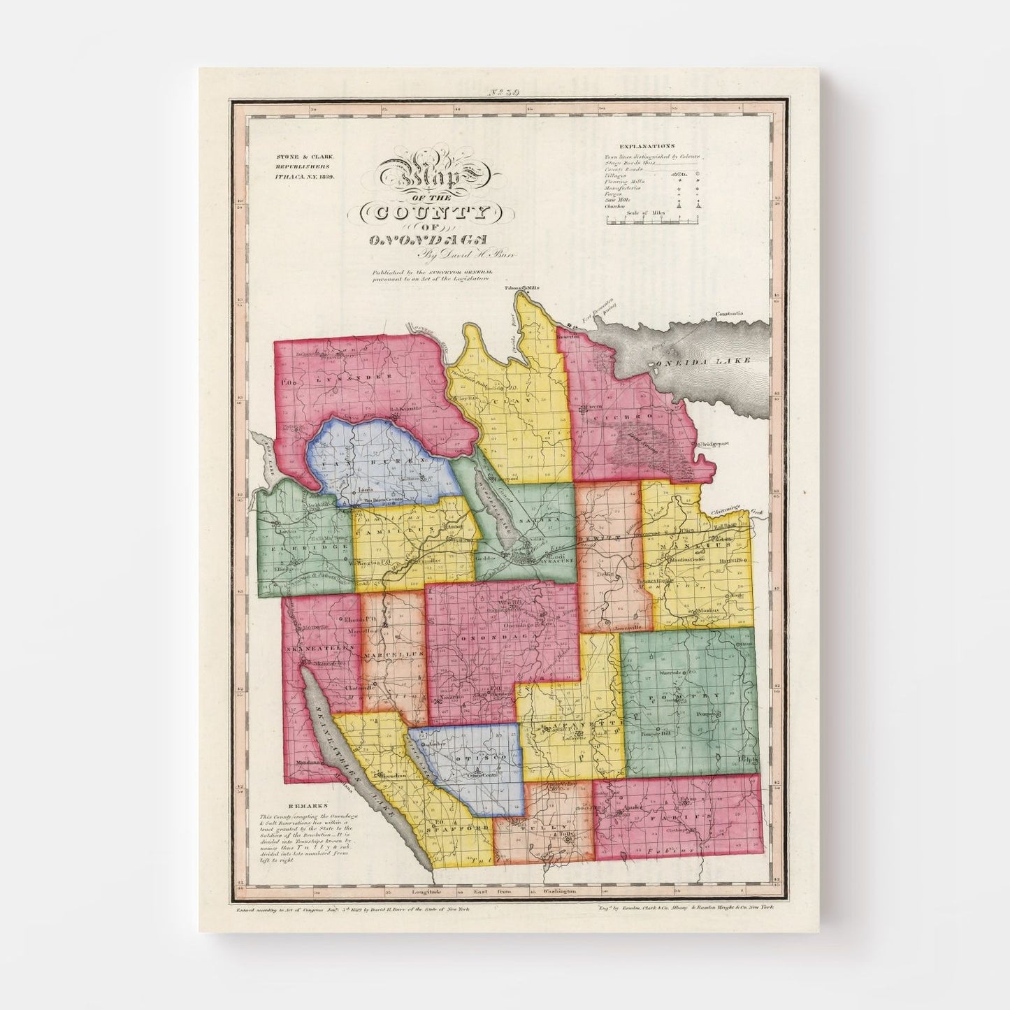 Vintage Map of Onondaga County, New York, 1840