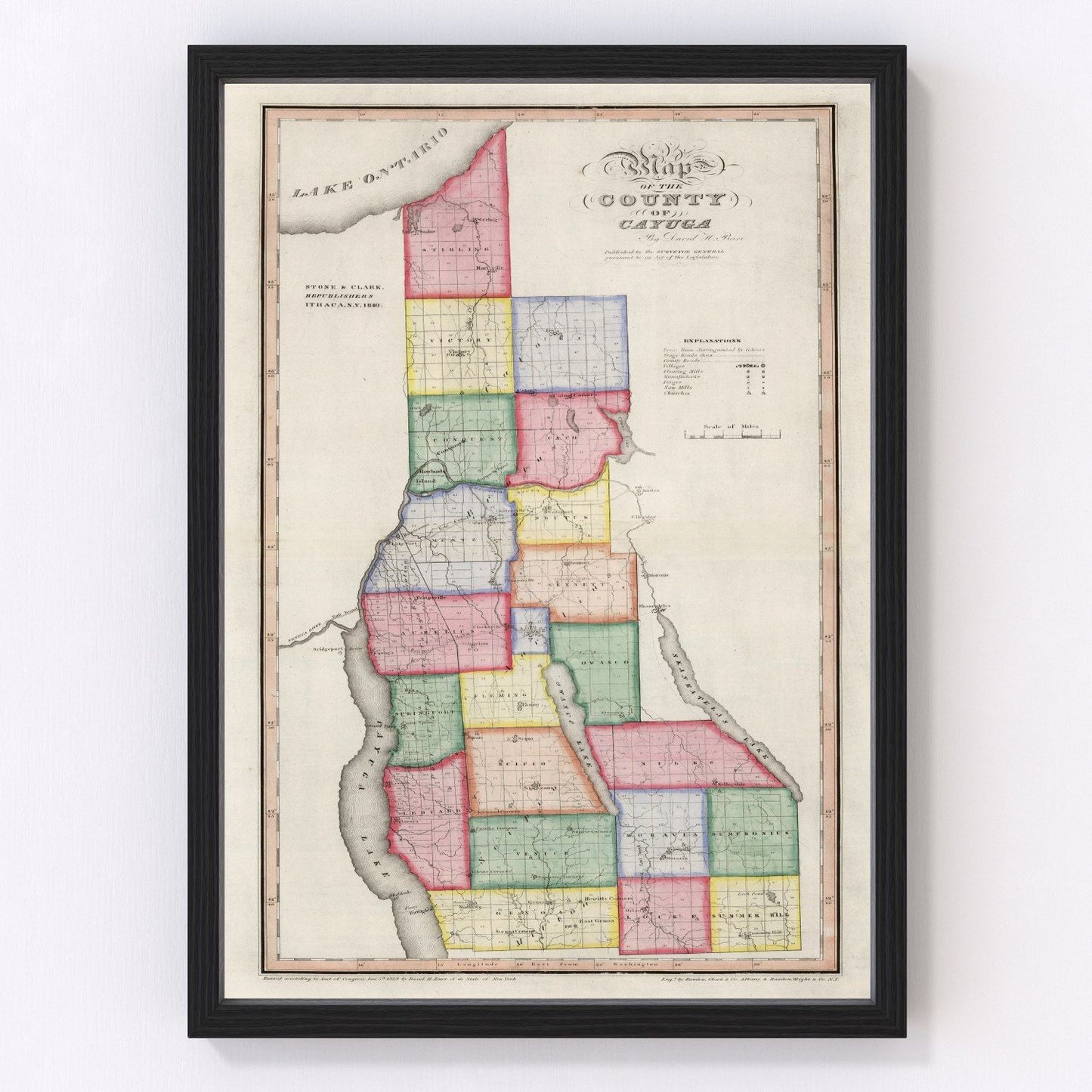 Vintage map of Cayuga County, New York, 1840, Finger Lakes, restored print