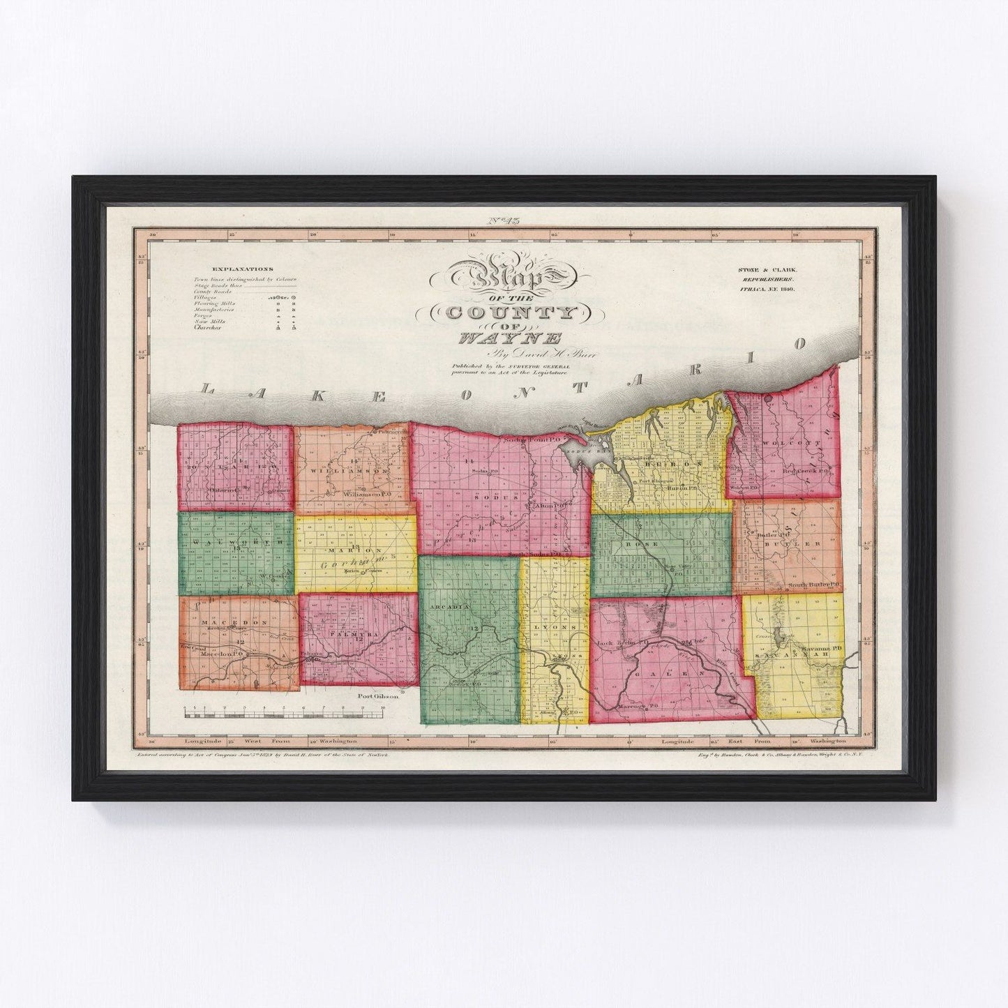 Vintage map of Wayne County, New York, 1840 - Erie Canal era restored print
